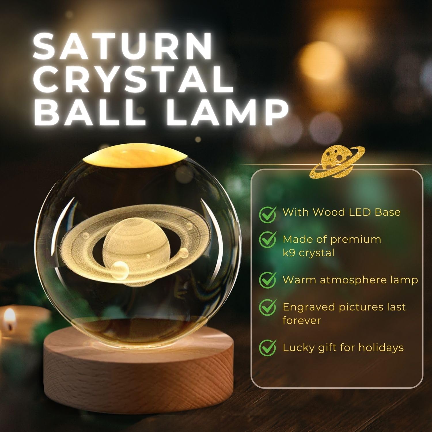 Flexzion 3D Saturn Crystal Ball Night Light - Led Light Hologram Glass Lamp With Solid Wood Base, Usb Powered Crystal Ball Lamp