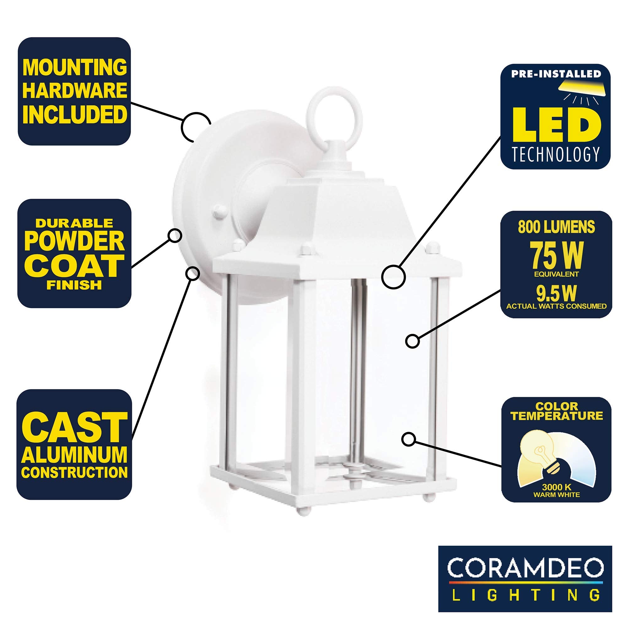 Coramdeo Outdoor Porch Light, Matte White Aluminum Sconce, 800 Lumens, 9.5W Led, Wet Location, 5-Year Warranty