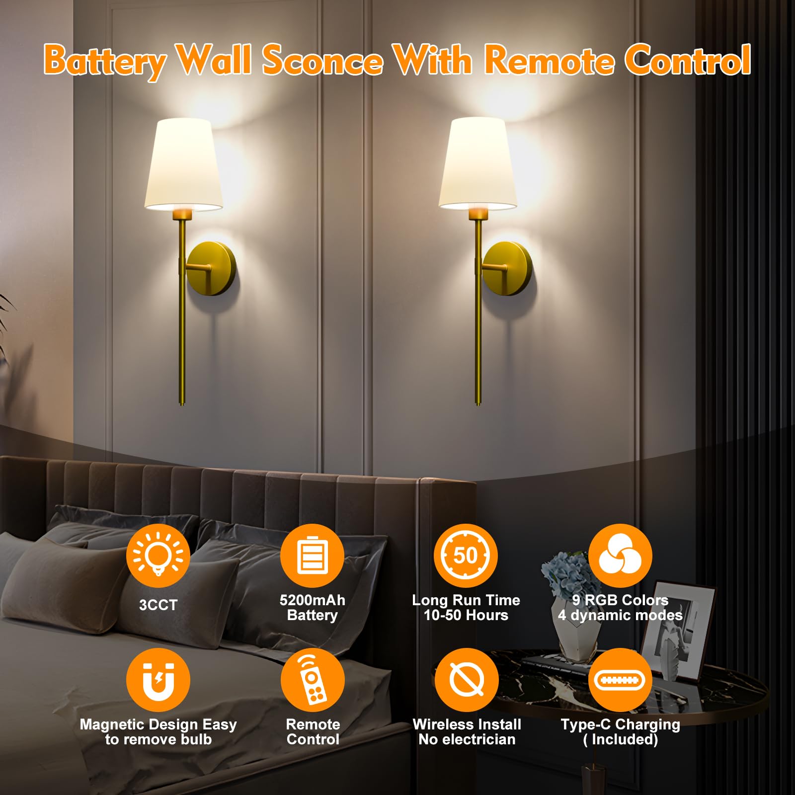 Lightania Battery Operated Wall Sconce Set Of 2, Gold Rechargeable Wall Lights With 5200Mah Dimmable Bulbs And Remote, 12 Color