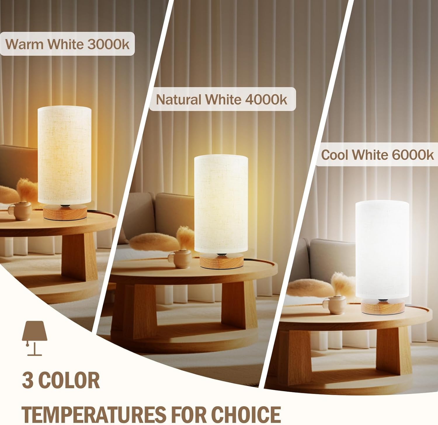 UCHENTON 3-Color Adjustable Bedside Table Lamp Set of 2, Linen Shade, Beige, Model UCT003