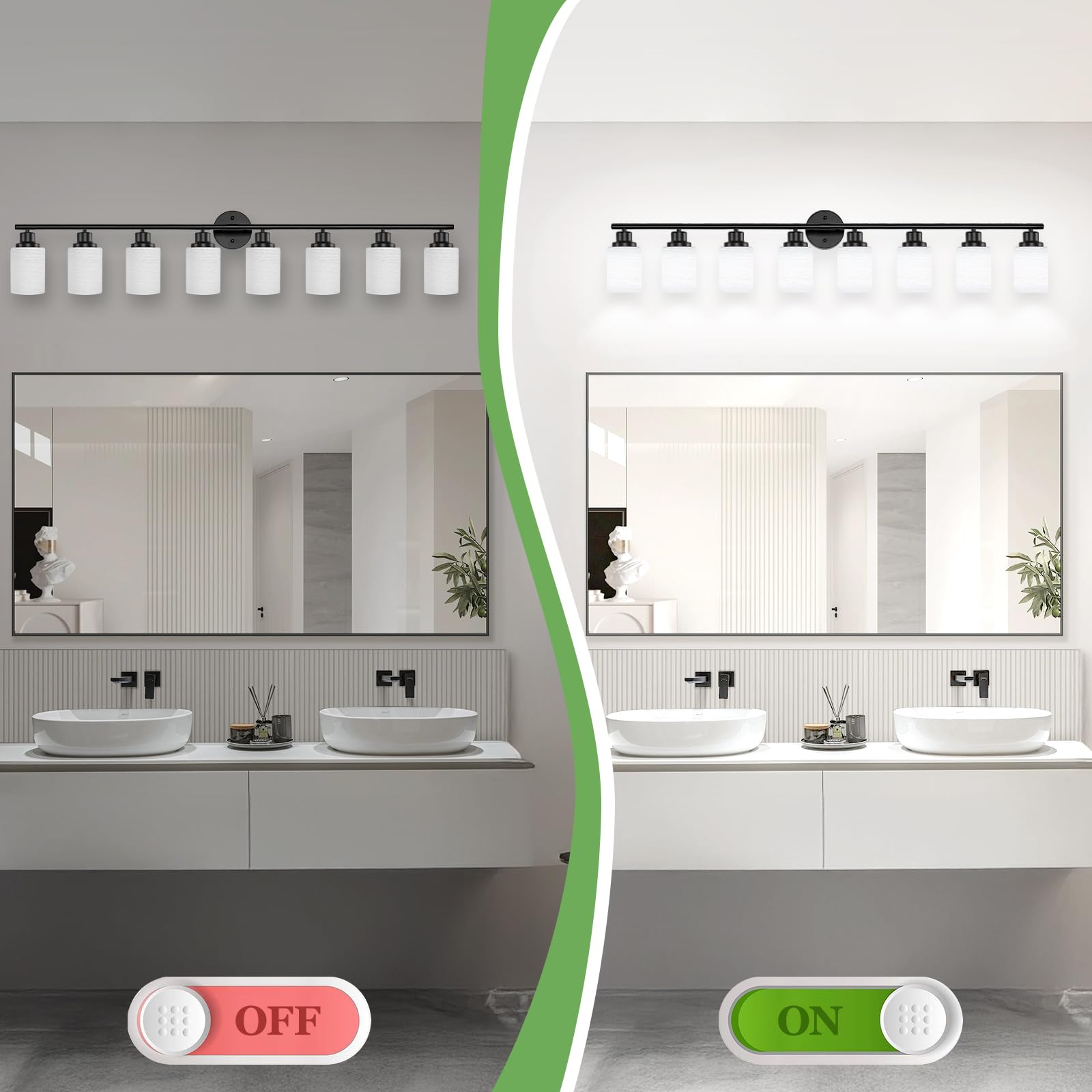 Guliaofo 8-Light Modern Bathroom Vanity Light Fixture, Matte Black with Frosted Glass Shades, Stylish Wall Lighting for Bathroom and Bedroom