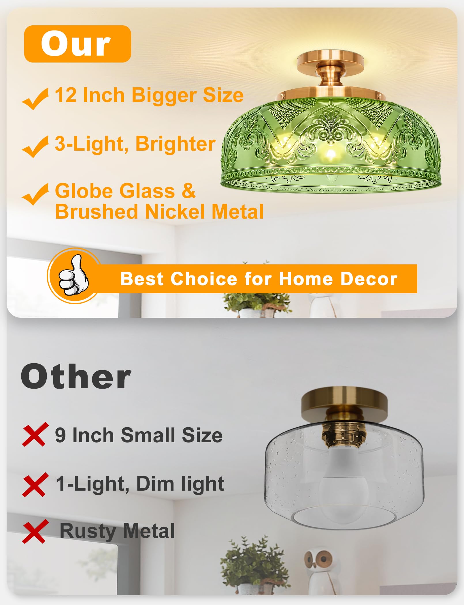 Slypadan Green Semi Flush Mount Ceiling Light  12 Inch Large Ceiling Light Fixture Gold  3-Light Globe Glass Farmhouse Kitchen Lighting Fixtures For Bathroom  Hallway  Dining Room (Bulb Not Included)