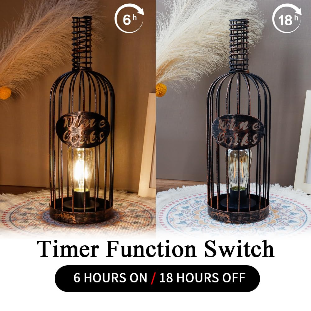 Jhy Design Decorative Table Lamp Battery Powered 13.5”H Cordless Metal Wine Cork Holder Lamp With 6-Hour Timer For Tabletop Home Patio Dining Room Living Room(Black Brushed Gold)