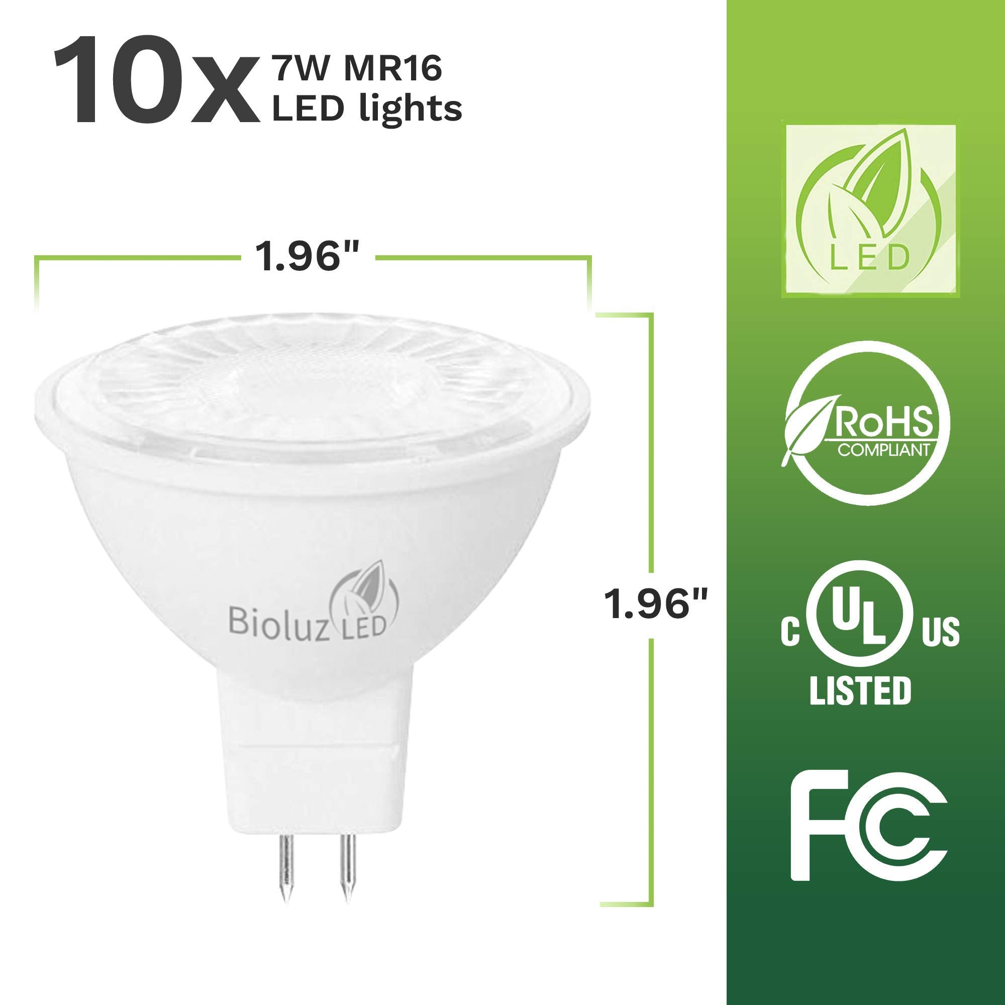 Bioluz LED MR16 Bulb 50W Halogen Replacement 7W 3000K 12V AC/DC, 10 Pack, Non-Dimmable