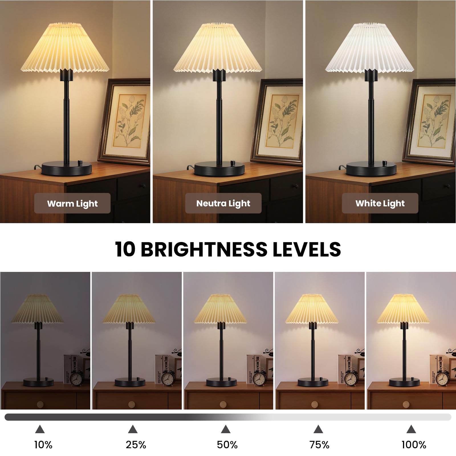 RUIYEY Bedside Lamps Set of 2, Dimmable Metal Nightstand Table Lamps with USB Ports, Black Pleated Fabric Shade for Bedroom and Office