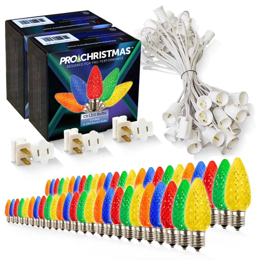 Pro Christmas C9 LED Christmas Light Kit for Rooflines & Pathways - DIY Cut to Length  Outdoor Commercial Grade (White Wire w/Vampire Plugs  50 Bulbs  50 ft) Multi