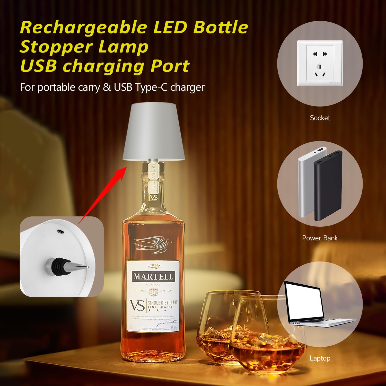 Hoide Wireless Bottle Lamp, Touch Dimming, 5.7in Gray Plastic, Waterproof Table Lamp for Bedroom, Bar, Restaurants, Outdoor Use