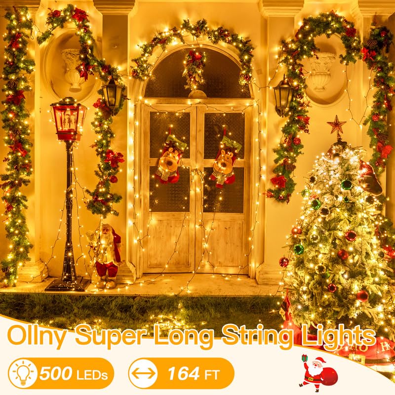 Ollny 500Led Christmas Lights, 164Ft Warm White Outdoor Tree Lights, Ip44 Waterproof, 8 Modes With Remote Timer, Model Hg-29V500C