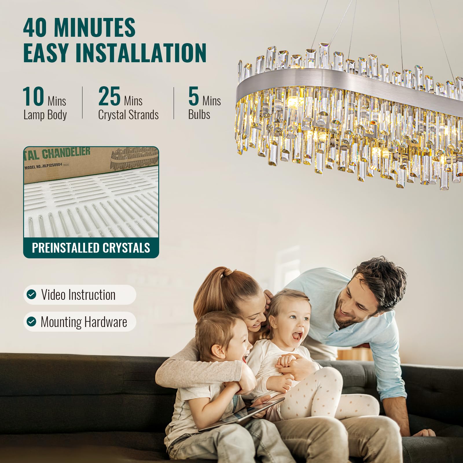 Siljoy Modern Crystal Chandelier, 16 Lights, Rectangular 35.4'', Polished Chrome, K9 Crystal, Luxury Pendant Light for Dining Room