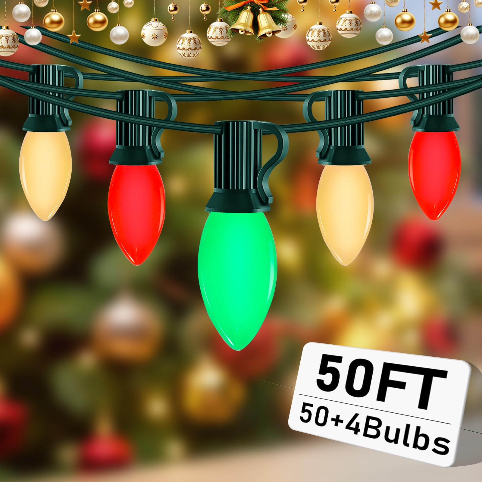 Abeja C9 LED String Light Outdoor  50Ft Vintage Christmas Lights with 54 Red White and Green Bulbs(4 Spare)  Commercial Outdoor Christmas Lights for Holiday Wedding Party