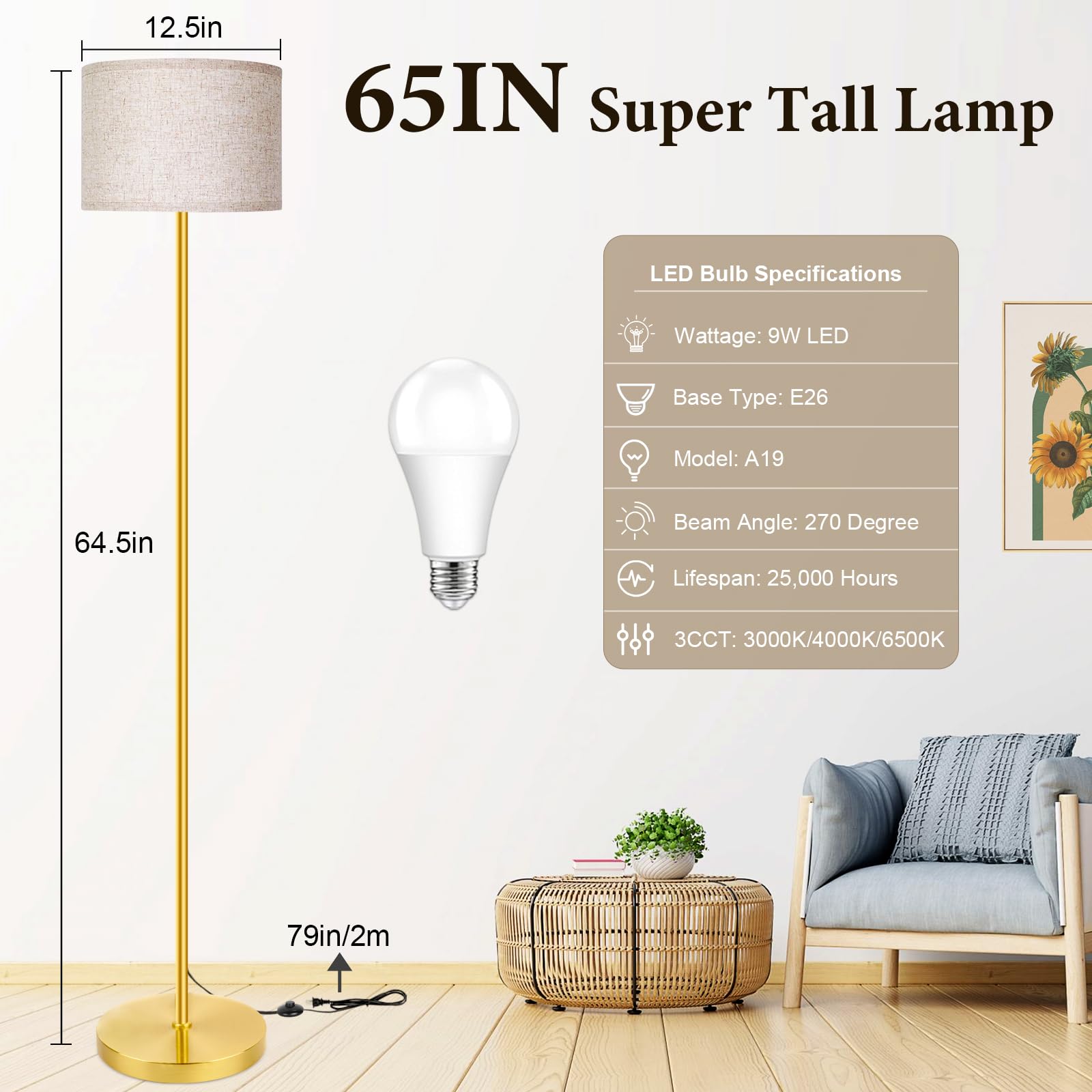 65? Gold Floor Lamp With 3-Color Temperatures Led Bulb, Modern Industrial Tall Lamp For Living Room, Minimalist Standing Lamp Wi