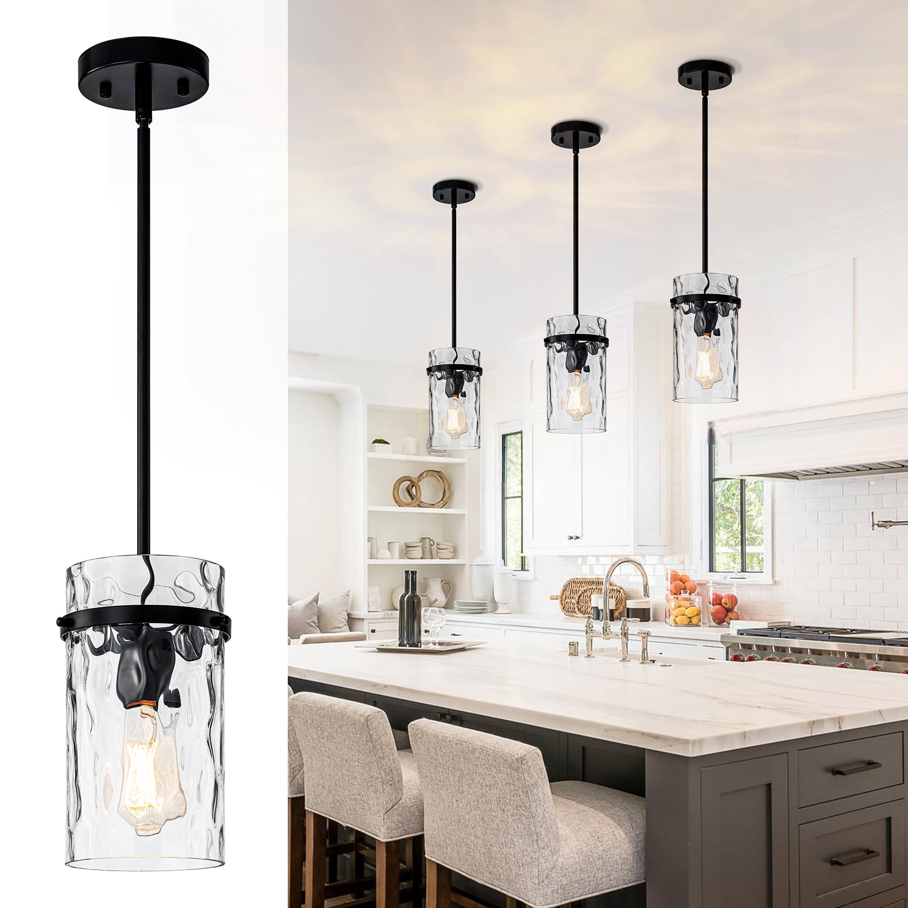 JIMKIGTO Farmhouse Hammered Glass Pendant Light  5.5 Black Pendant Light  Modern Pendant Light Fixtures Island Lights for Kitchen Dining Room Light for Farmhouse Pendant Lighting 1 Pack