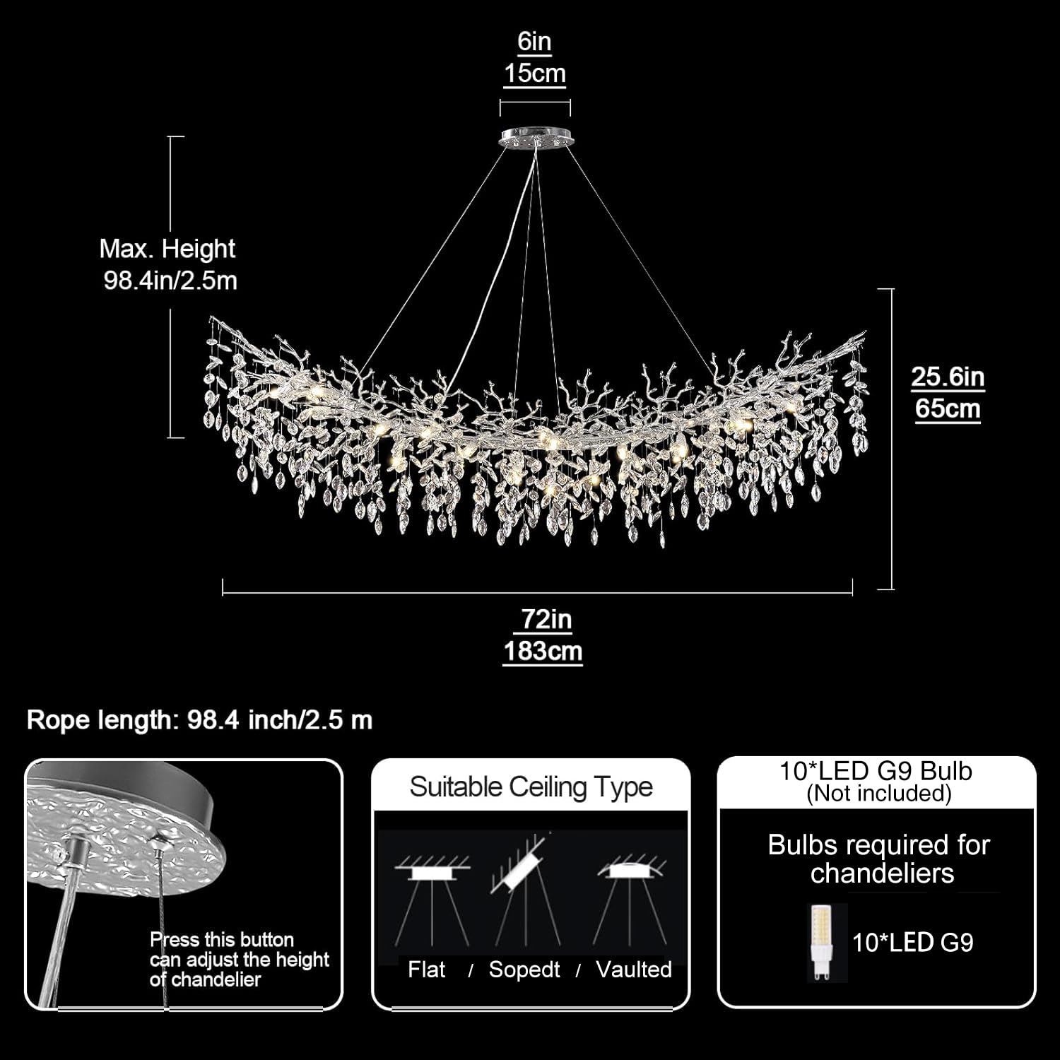 Kvtinmty Modern Crystal Silver Chandelier,72'' Large Rectangular Chandeliers For Dining Room, Tree Branch Crystal Lving Room Cha