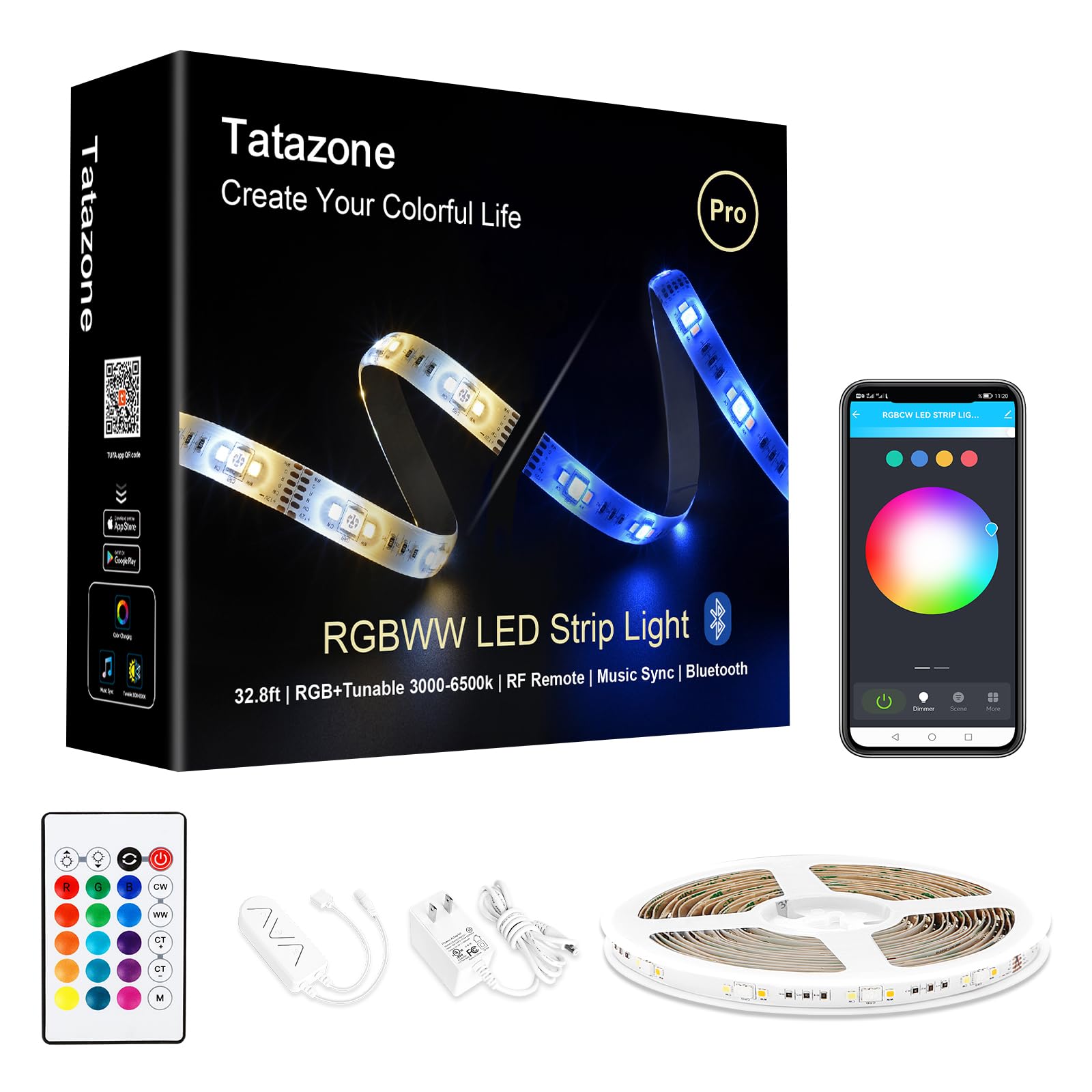 Tatazone RGBWW Bluetooth LED Strip Lights, 32.8ft, Tunable White 3000K-6500K, Music Sync, Vinyl Material