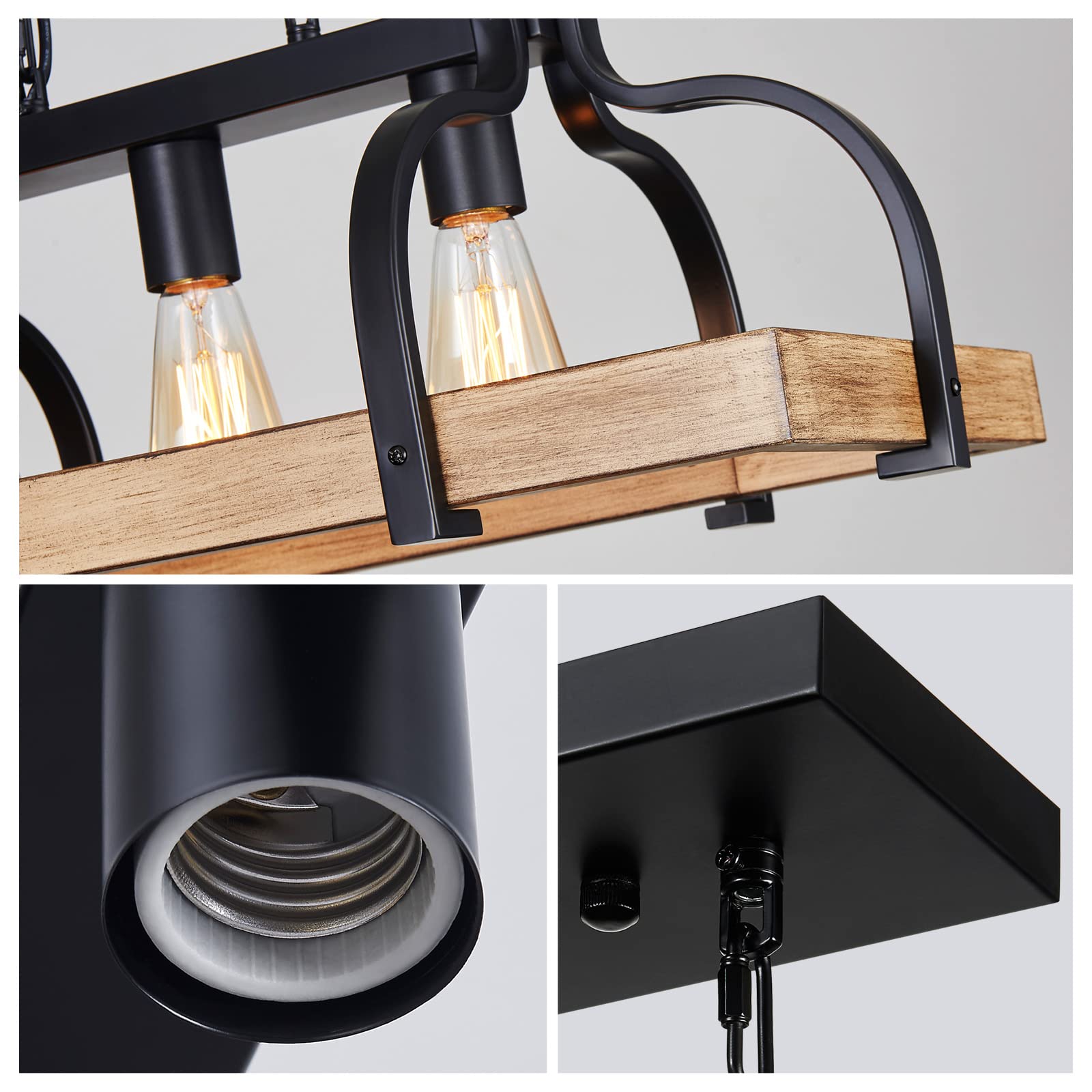 WUZUPS 3-Light Metal Pot Hanging Rack Chandelier, Rustic Farmhouse Pendant Light, 24.8" L, Imitation Light Wood Grain & Black Finish