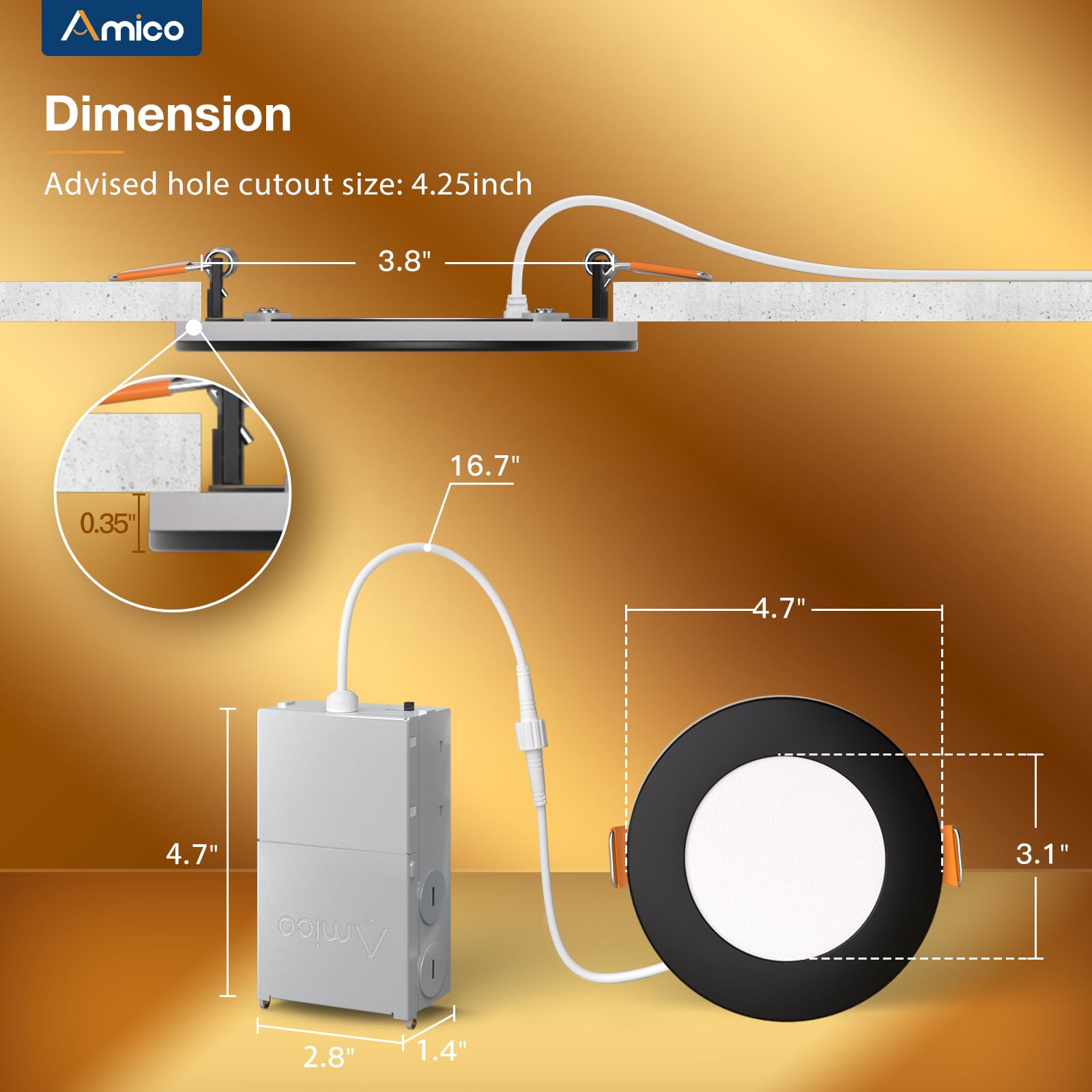 Amico 12 Pack Black 4 Inch 5Cct Led Recessed Ceiling Light With Night Light, 2700K/3000K/3500K/4000K/5000K Selectable Ultra-Thin