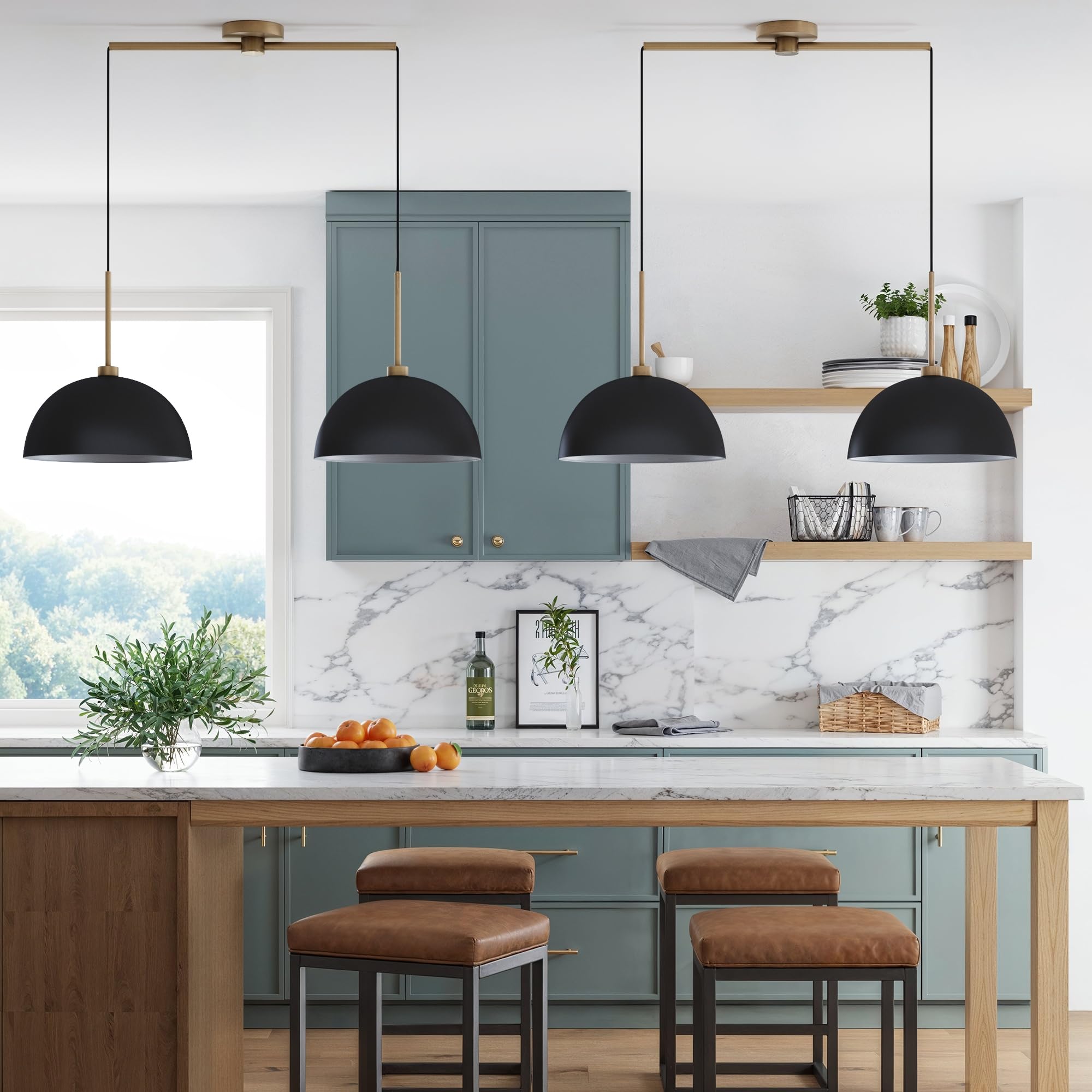 Nathan James Percy 2-Light Pendant Island Light Fixture, Metal Shade, Adjustable Cord, Set of 2, Black/Vintage Brass, Model 12303-2