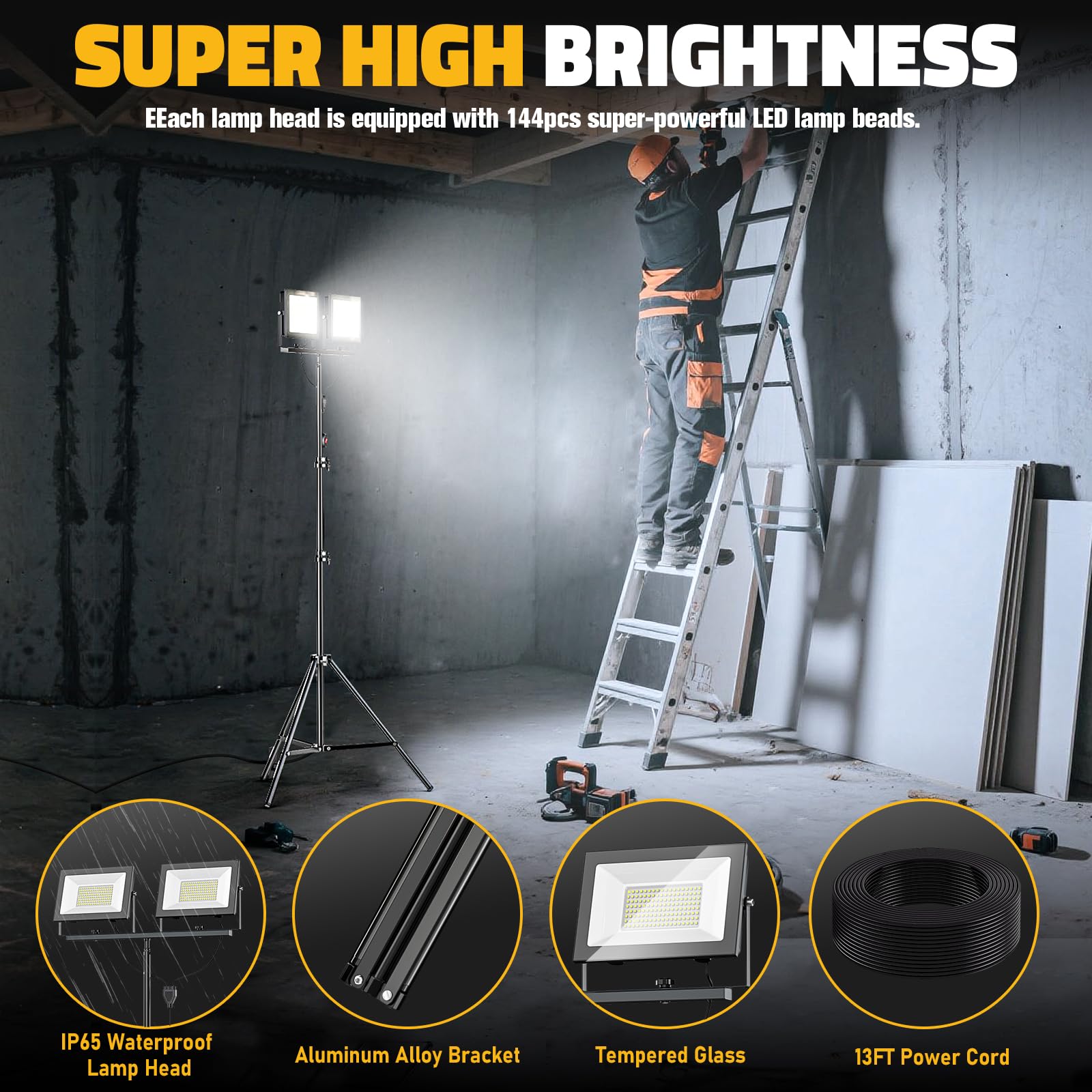 Livowalny 22000 Lm Led Work Light With Stand Pack Of 2  220W 2 Adjustable Head Tower Light With 13Ft Cord  Portable Ip65Waterproof Tripod Flood Light For Job Site Workshop Garage Construction Lighting