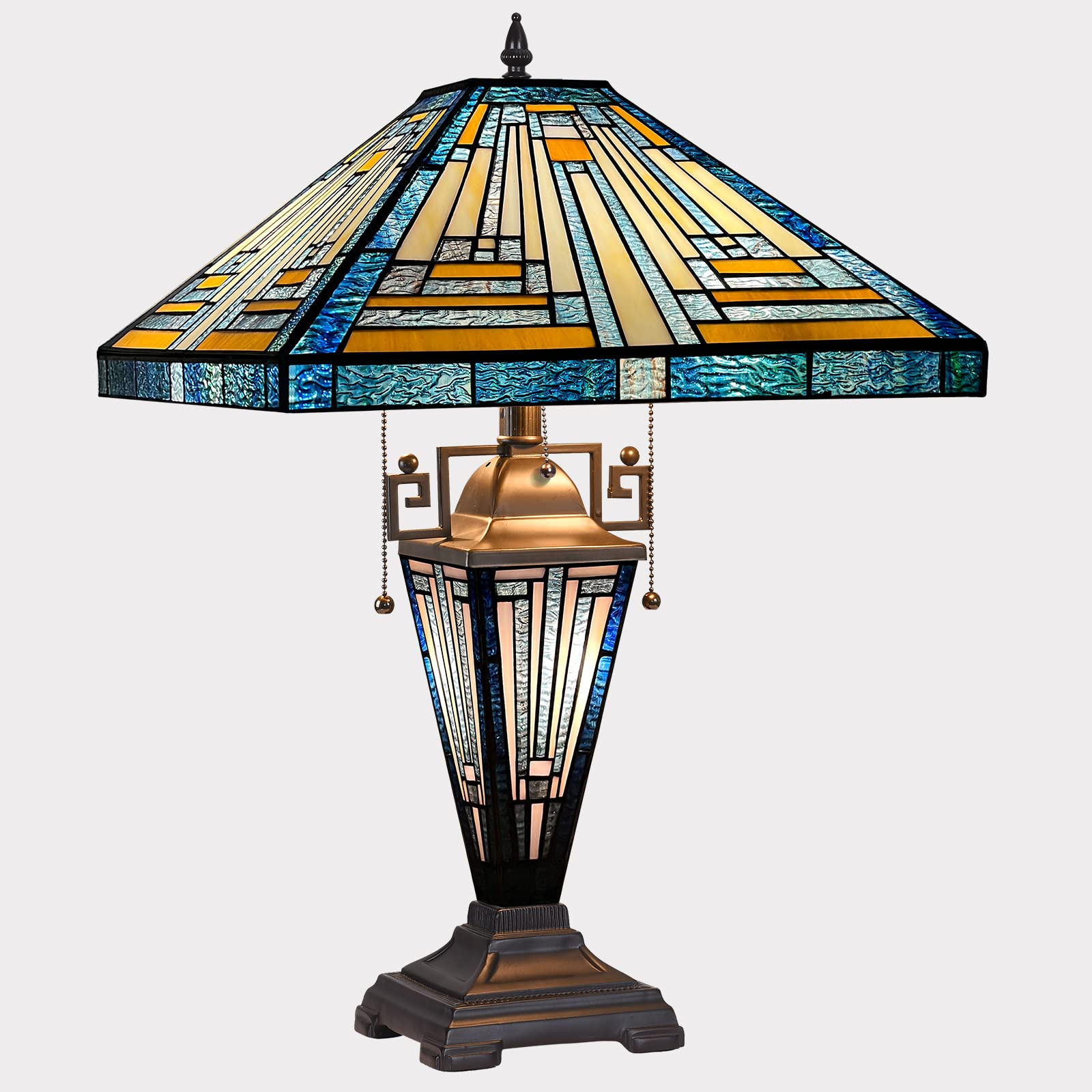 Capulina Tiffany Lamp Stained Glass Table Lamp with Night Light 3-Light 16X16X24 Inches Mother-Daughter Vase Mission Blue Amber Tiffany Style Desk Lamp for Home Office Living Room Bedroom