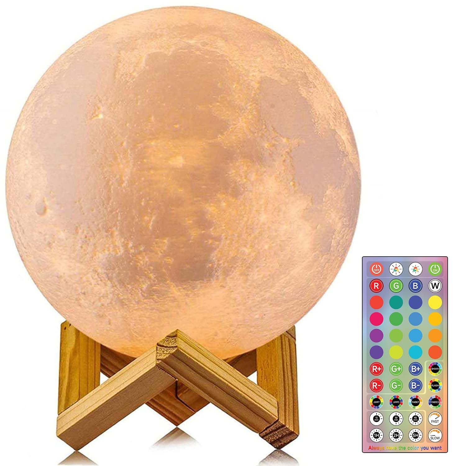 CPLA 3D Printing Moon Lamp Night Light, 6 inch, Multicolor, Model LX-YQL1216, Wooden Stand, Remote/Touch Control
