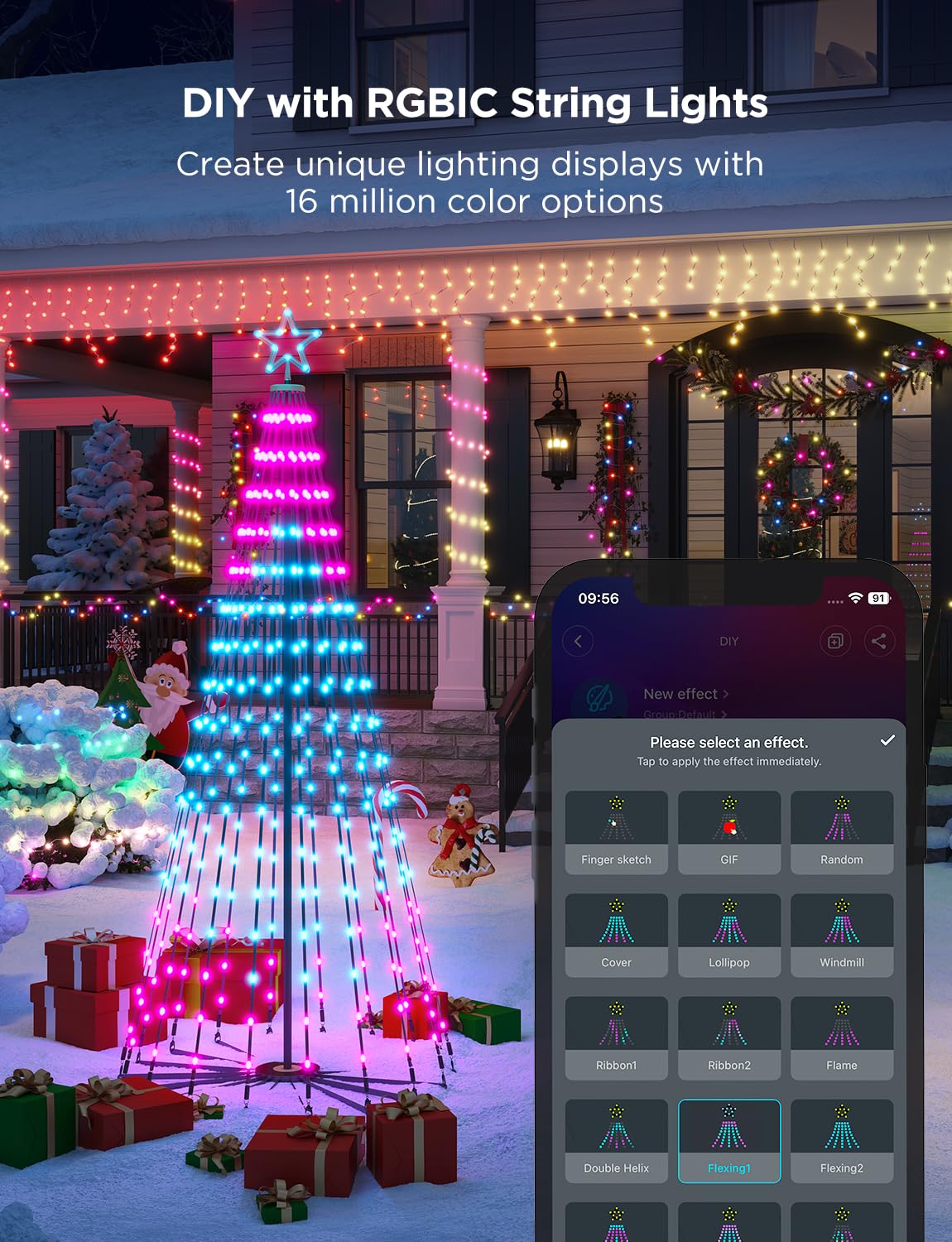 Govee Christmas Cone Tree Lights, 7.5ft, 370 LEDs, RGBIC, IP67 Waterproof, Smart App Control, Model H6841, Black