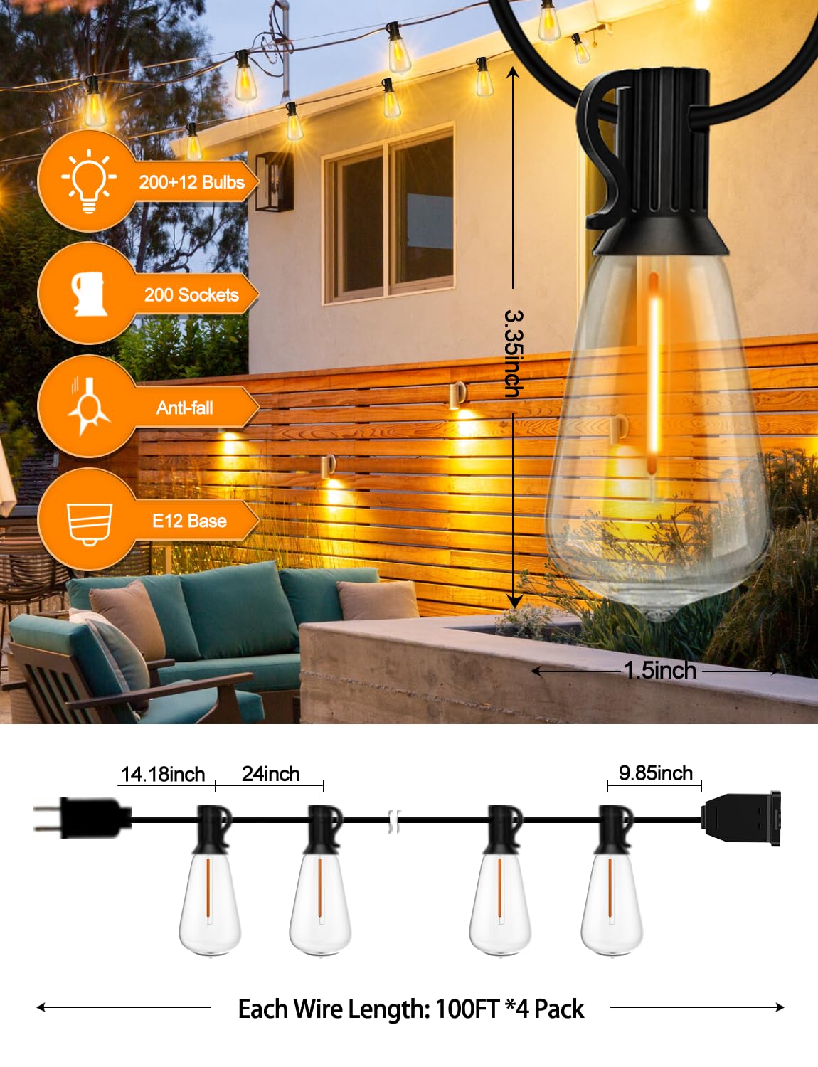 Pogestrand LED Outdoor String Lights 400ft Shatterproof Dimmable Warm White ST38-2200K with 212 Waterproof Vintage Bulbs