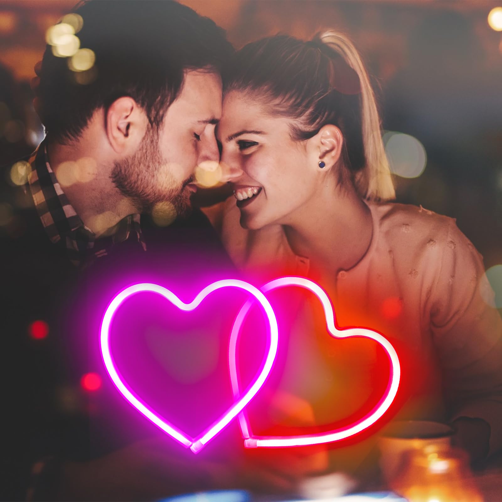EXF 2-Pack Heart Neon Sign, LED Decoration Lamp, Battery Operated or USB Powered, Pink & Red, Model: Heart-pink&red