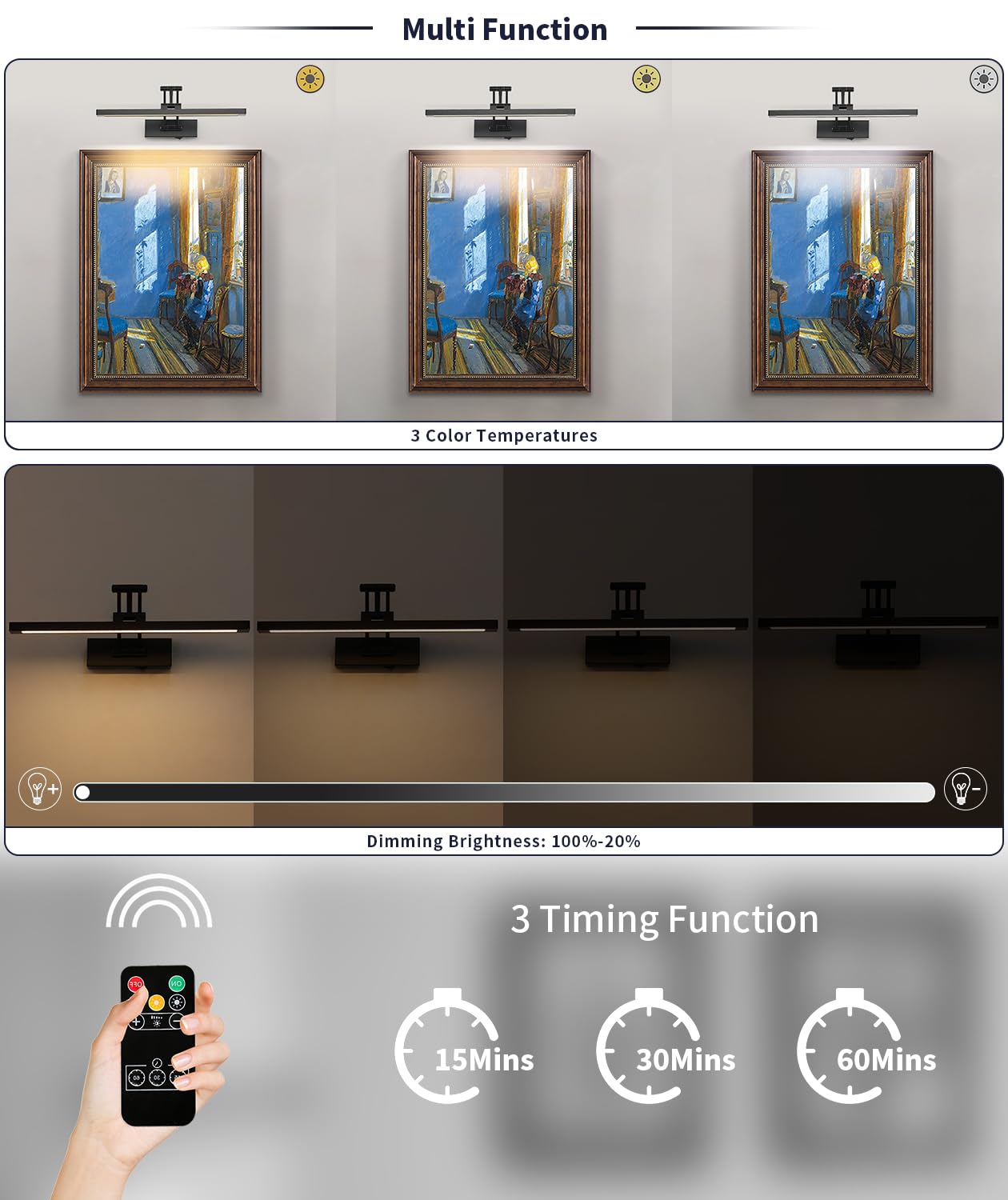 Joossnwell Picture Light - Battery Operated Art Light with Remote, Dimmable, 15.35 Inch, Black, Model 9963 for Paintings and Portraits
