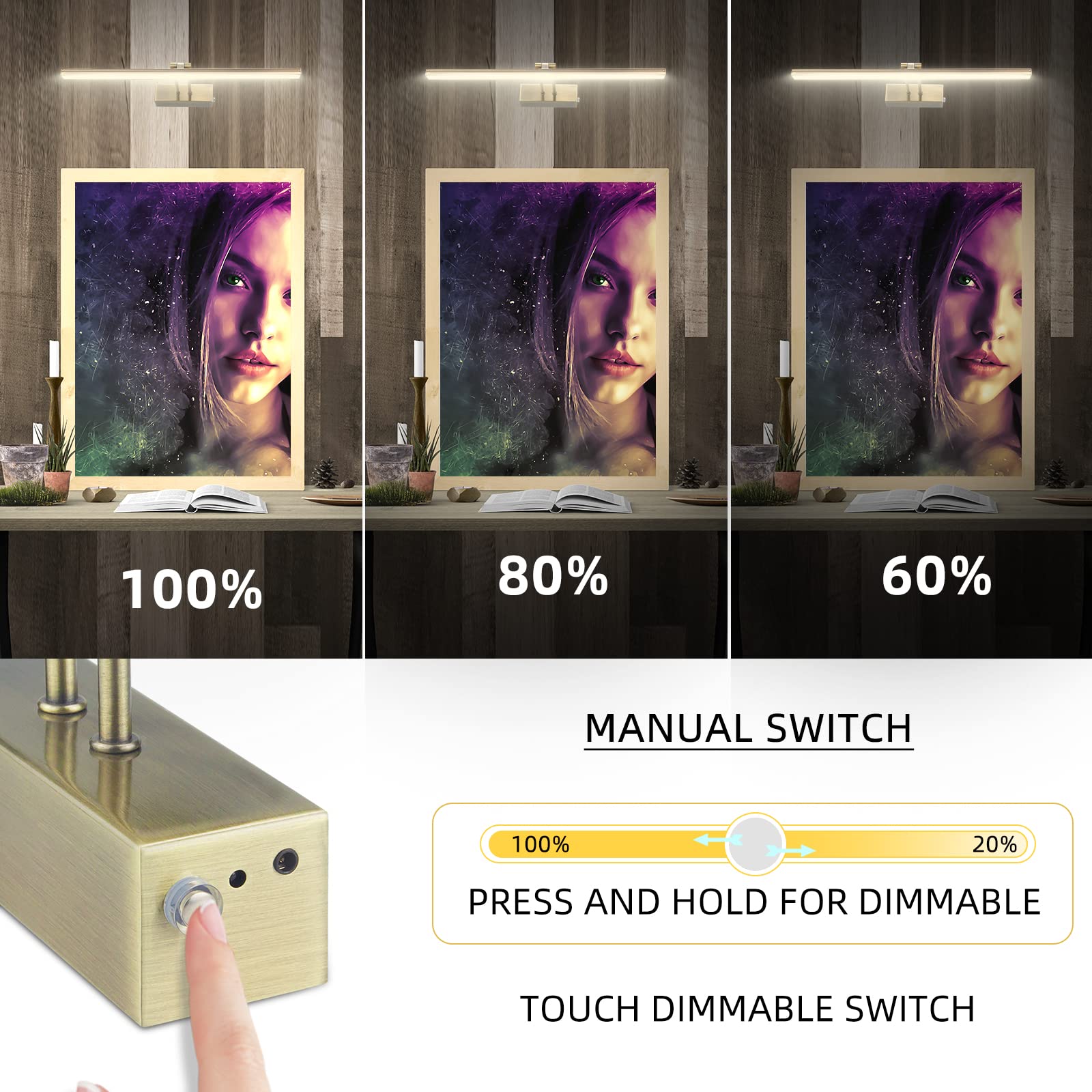 FUNCHDAY Picture Light, 20in Wireless Remote Art Light, Dimmable, Metal, Antique Brass, Model FC70178