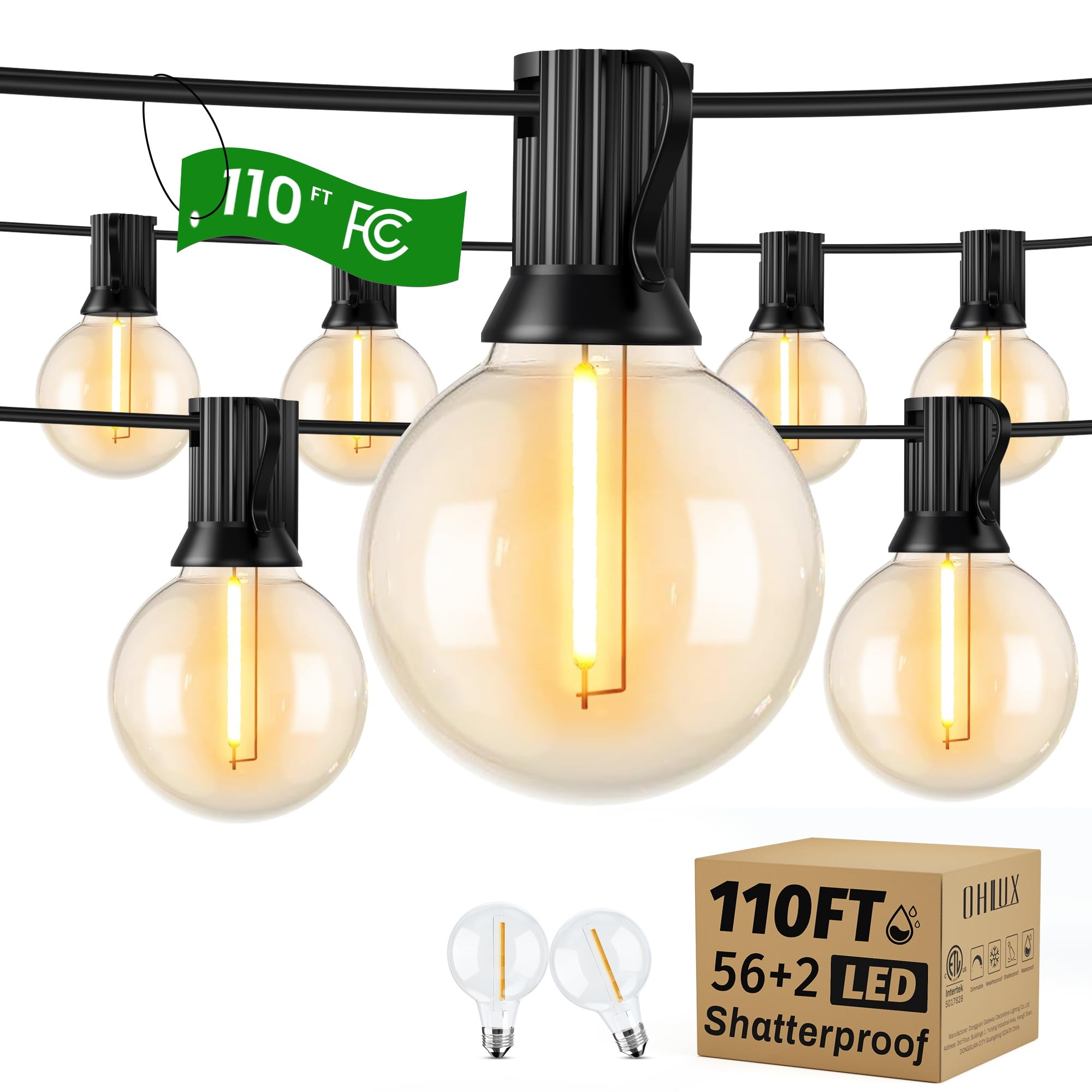 OHLUX Outdoor String Lights,110FT Dimmable Patio Lights with 58 G40 Shatterproof 2200K LED Bulbs(2 Spare),Waterproof Hanging Lig