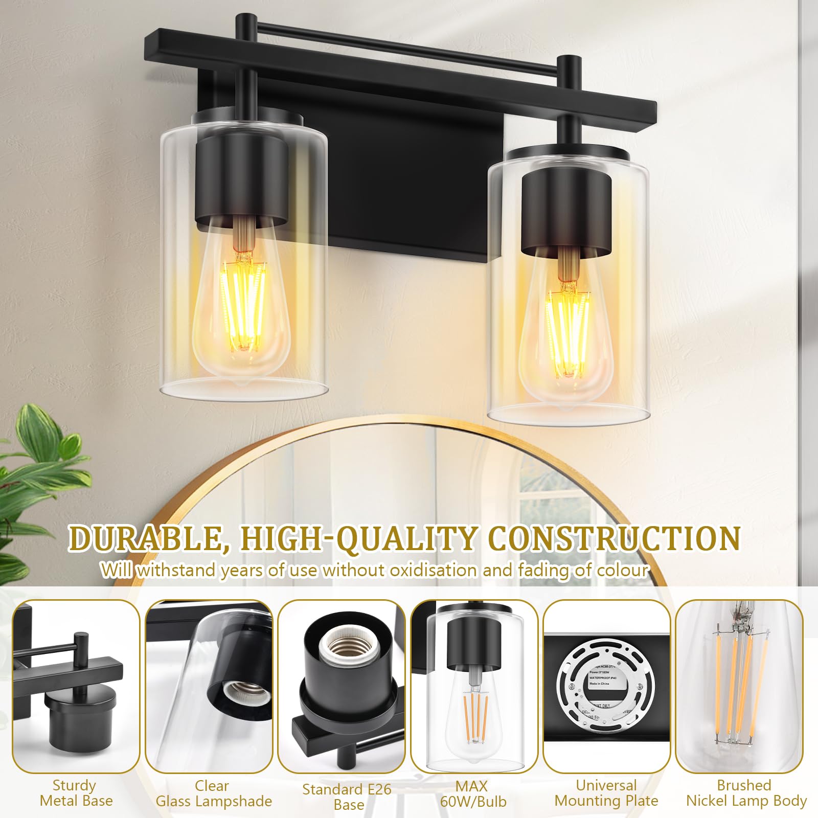LWSOY Bathroom Vanity Light - 2-Lights, Vintage Wall Mounted, Metal, Black, Model YSD-02, 11 Inch Clear Glass Shade