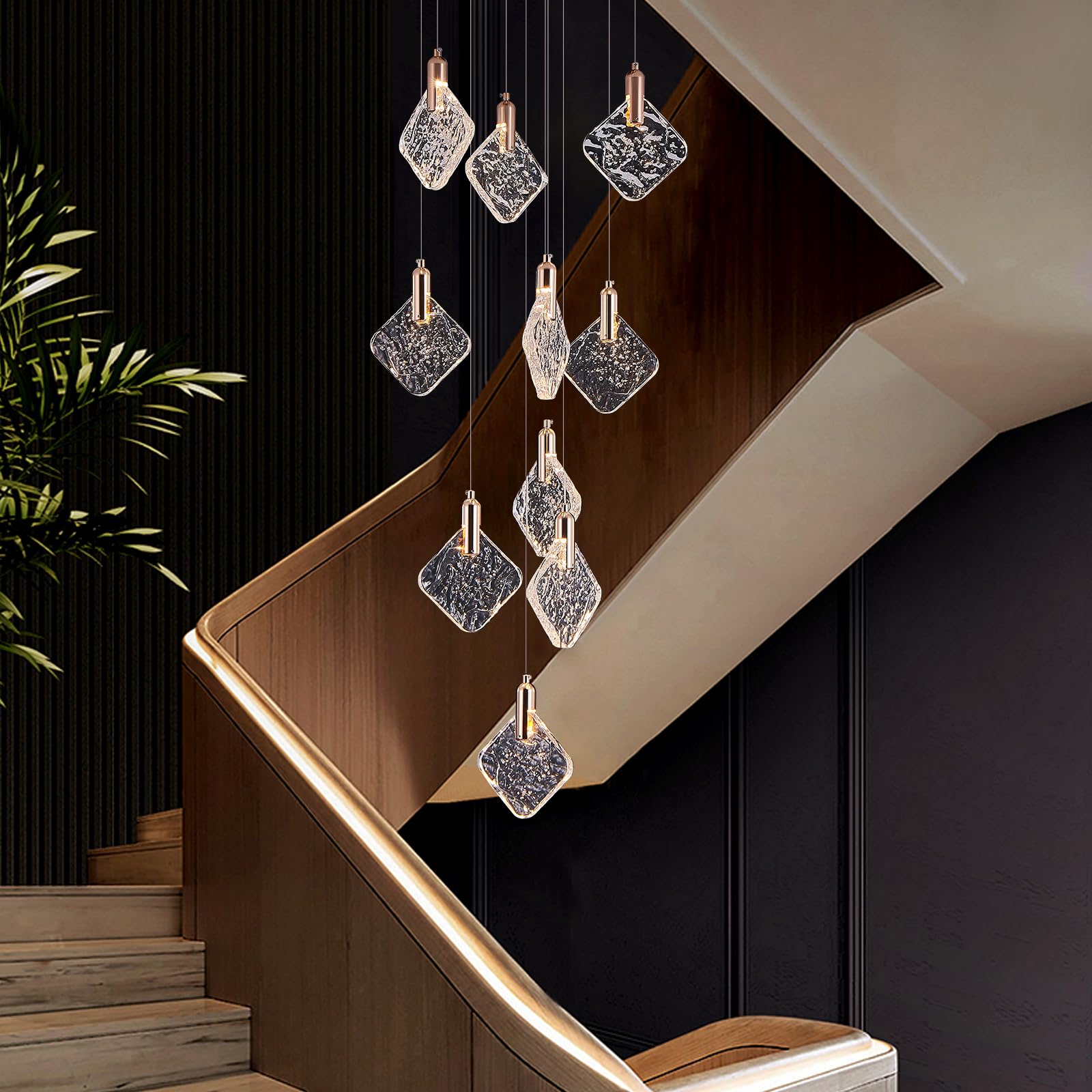 Kokaizeeki Staircase Crystal Chandelier 10-Light Pendant Light, Modern Square Led H118 High Hanging Ceiling Fixture With Gold Ba