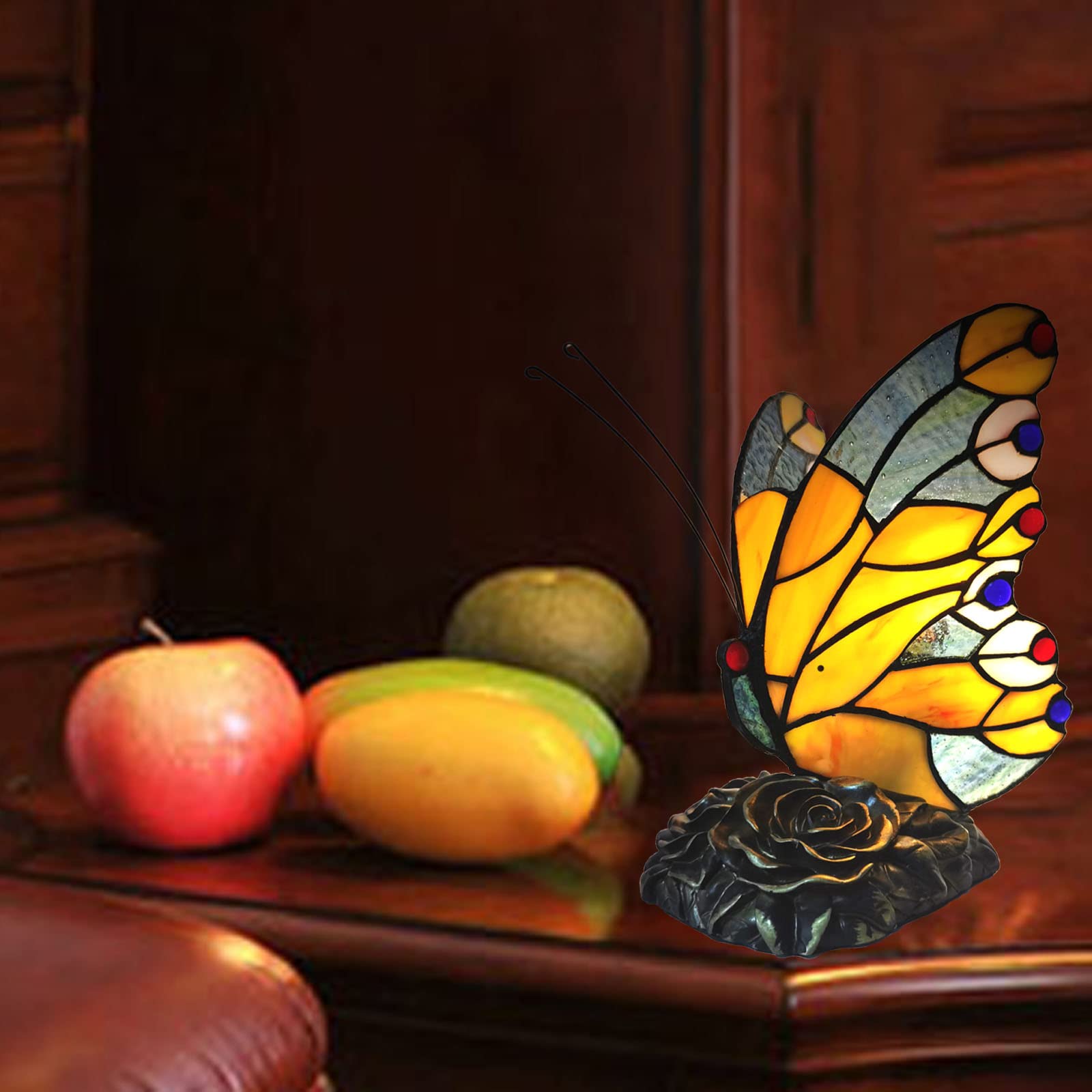 Fumat Bedside Table Lamp Led Tiffany Table Lamps Yellow Butterfly Stained Glass Shade On Off Switch Night Light Side Table Lamp