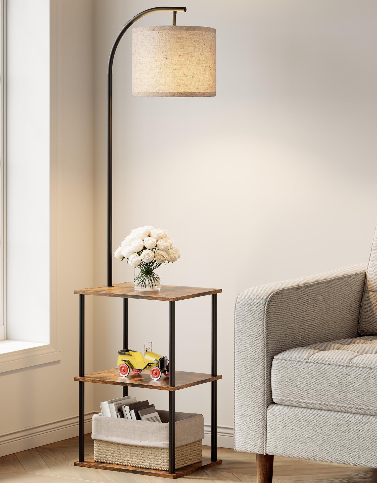 PARTPHONER Floor Lamp with Table, Night Stand with Lamp, Narrow Side Table with 3CCT LED Bulb, Small Coffee Table, Modern End Ta