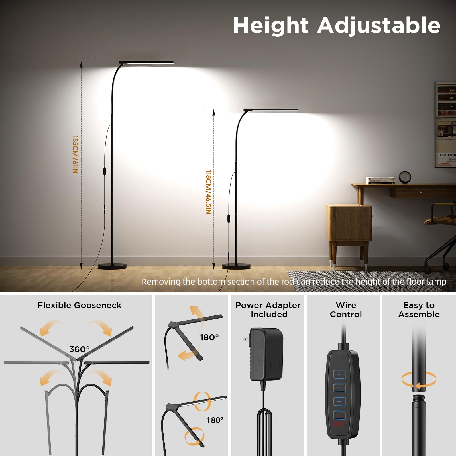 KSTARITE 24W Ultra-Bright LED Floor Lamp, Adjustable Double Head, Black Iron, Model LD-LDD, Perfect for Living Room, Office, Reading