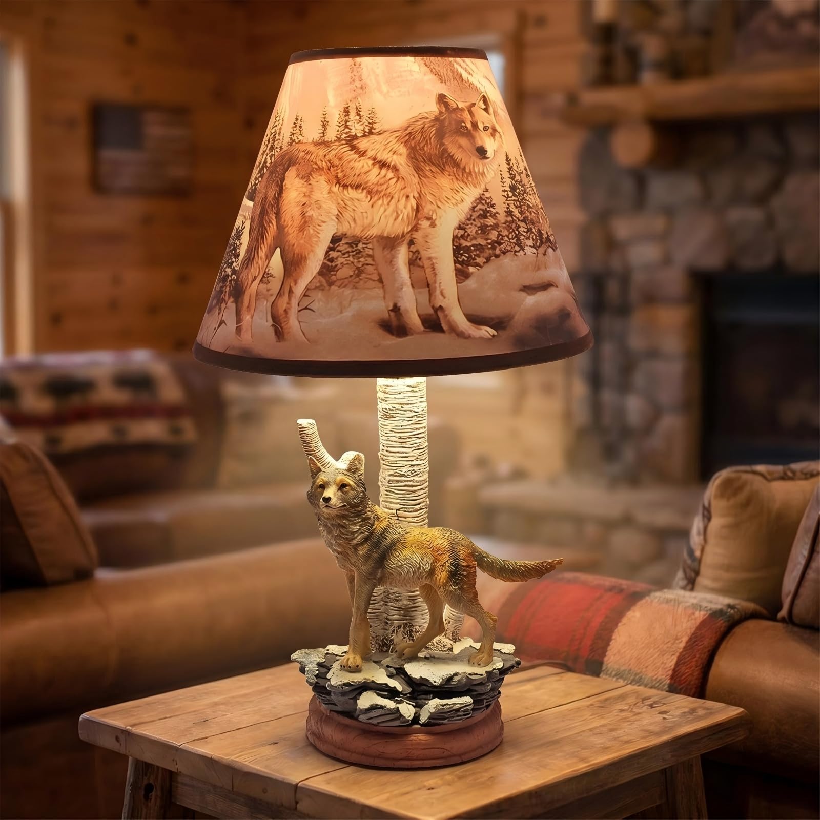 Trsenfsvar Gray Wolf Theme Resin Decorative Table Lamp Brown Gray Tone Fabric Lampshade 14.25 Inch High, Tradition Decor with la