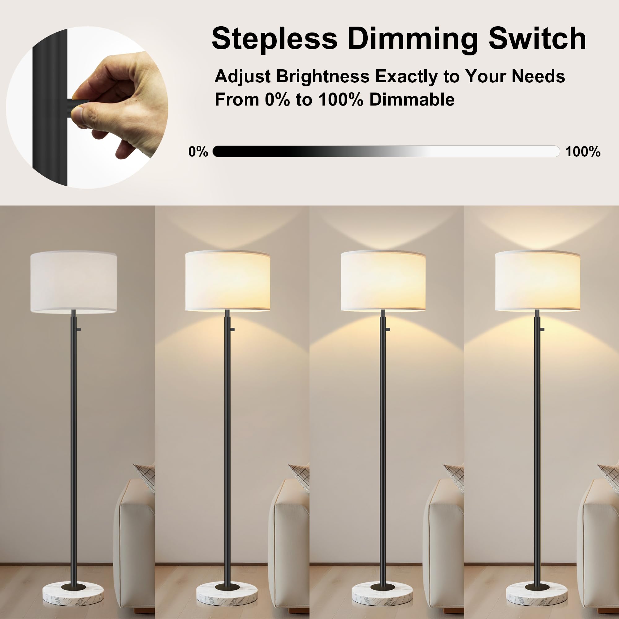 Aulaiyi Modern Floor Lamp, Tall Standing Lamp with Marble Base, LED Bulb Included, WK012-Black, Natural Linen