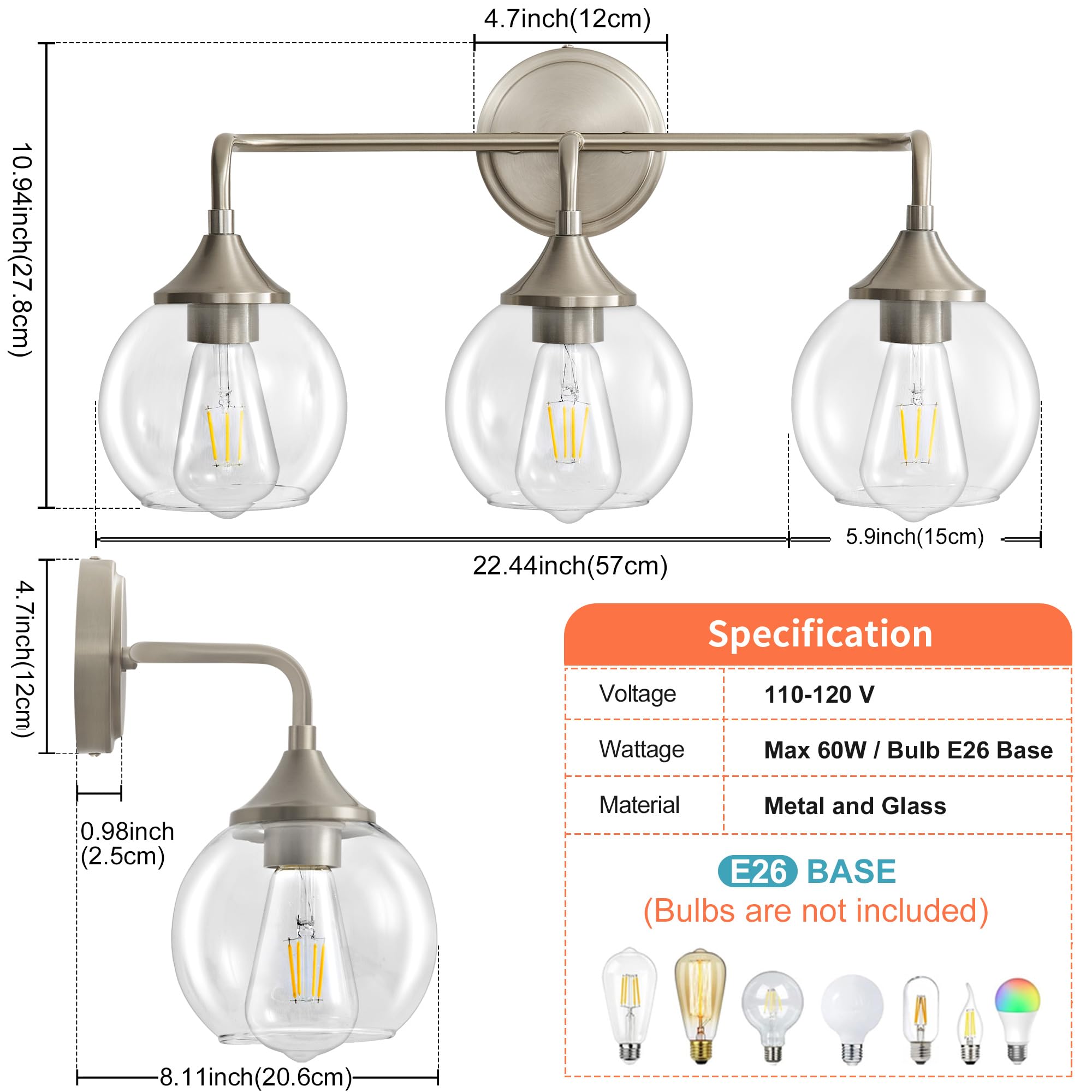 Gednbo Bathroom Light Fixtures 3 Light Bathroom Vanity Light With Clear Glass Shade  22 Inch Vanity Lighting Fixtures Over Mirror  Vanity Lights Fixture (Exclude E26 Bulb) - Brushed Nickel