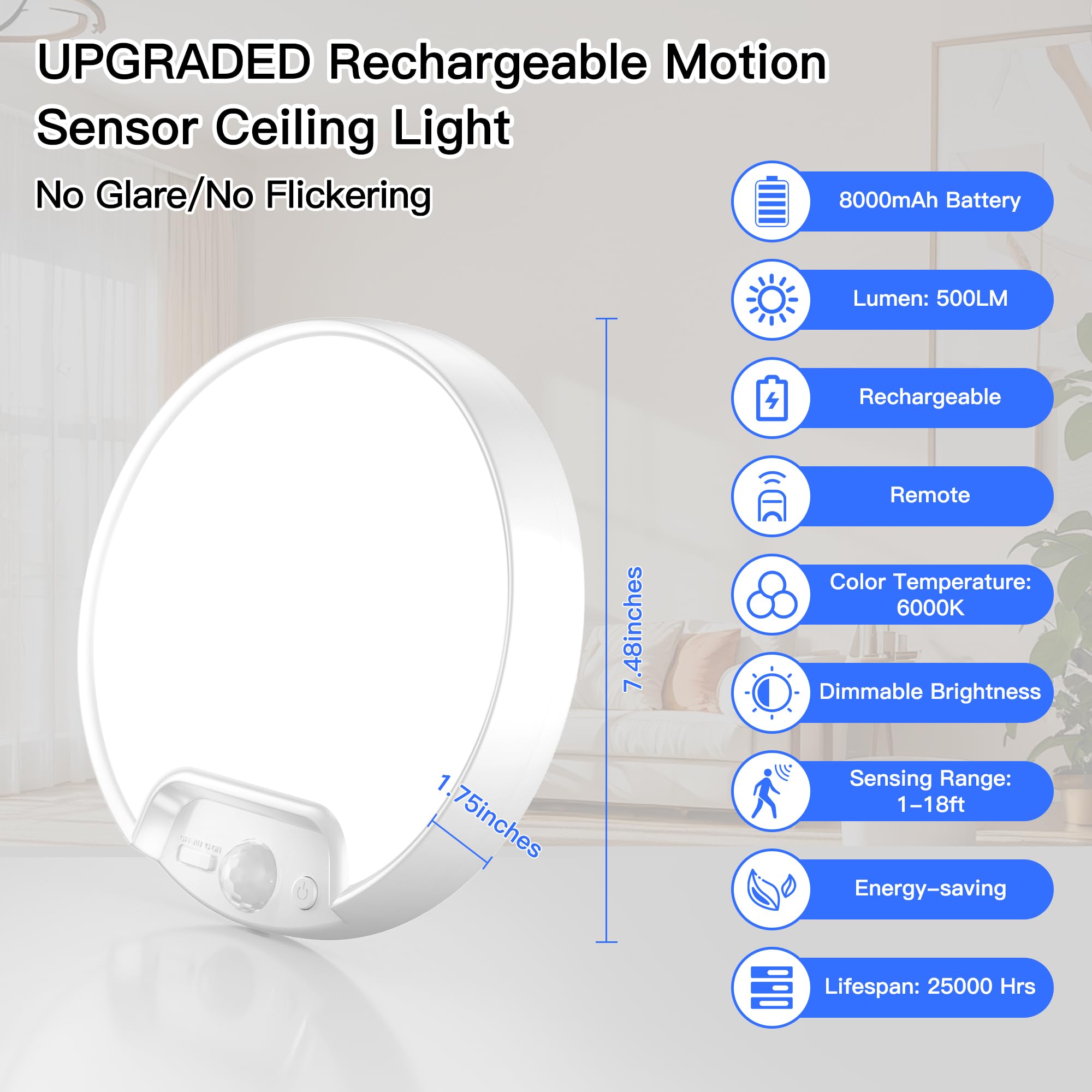 Homelist 2 Pack Rechargeable Motion Sensor Ceiling Light - Battery-Powered, Remote Control, Cool White 6000K for Closet, Stairs, Hallway