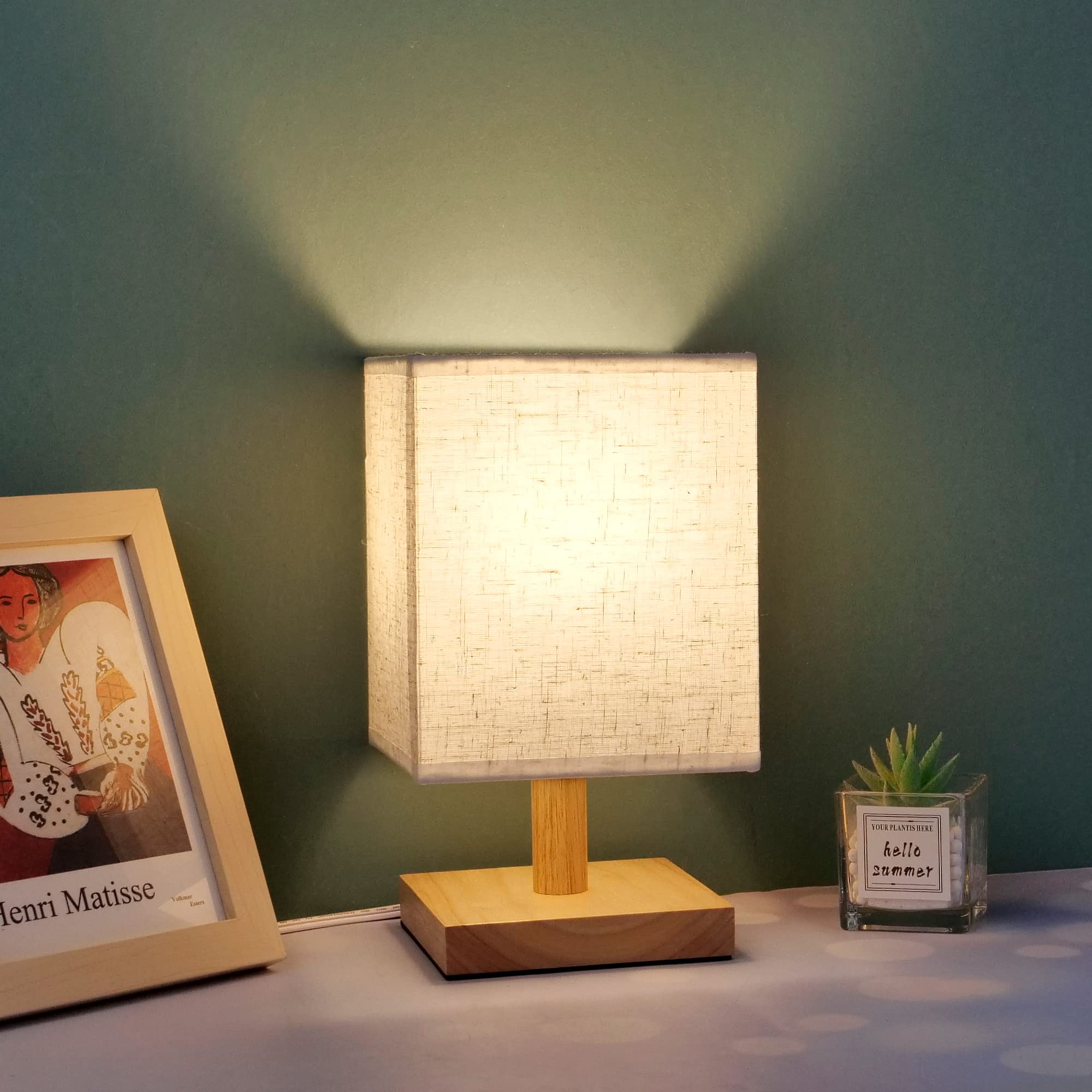 Achuai Small Table Lamp-Wooden Bedside Lamp Simple Bedroom Lamp Linen Shade Mini Desk Lamp Night Light Nightstand Lamp For Bedroom,Living Room,Kids Room (Including Led Bulbs) (Square)
