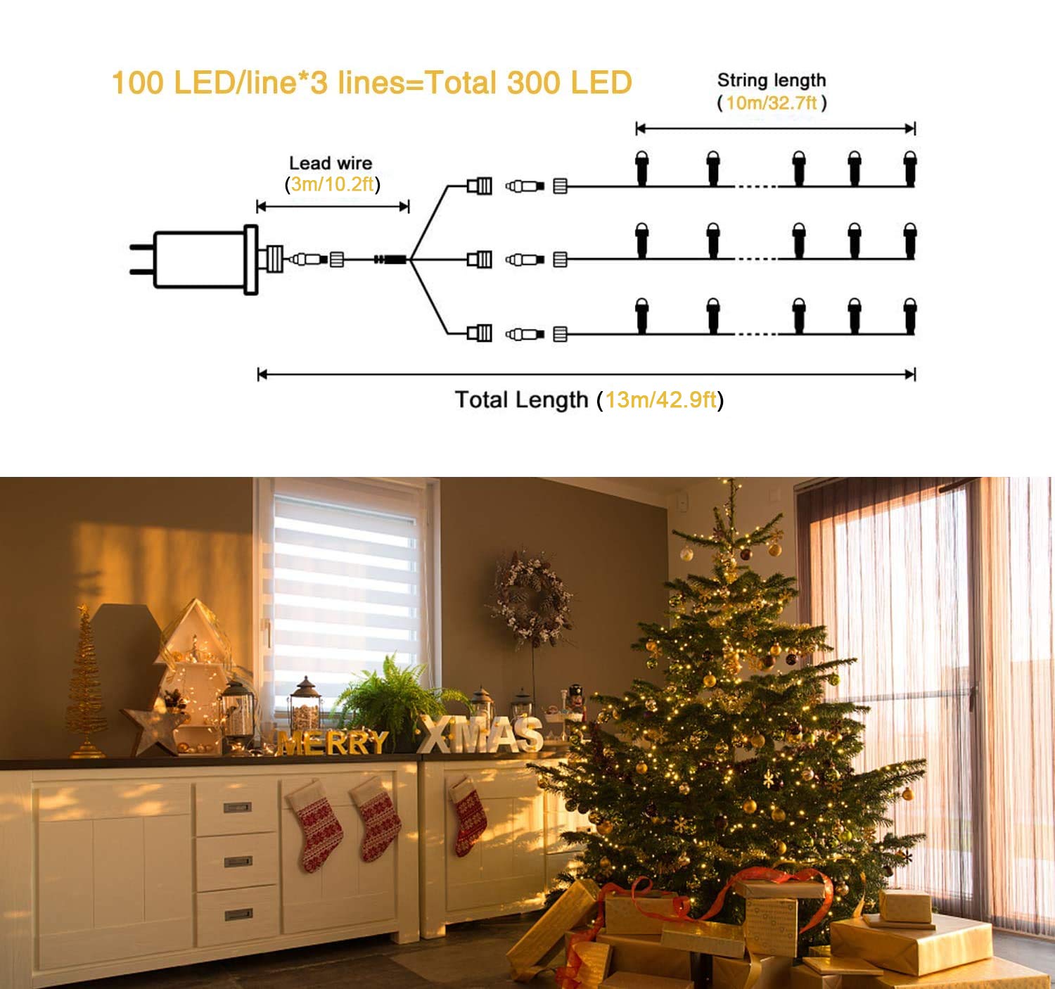 JMEXSUSS 300 LED Warm White Christmas Lights, Waterproof, 8 Modes, Green Wire, Model EXS-S-0300