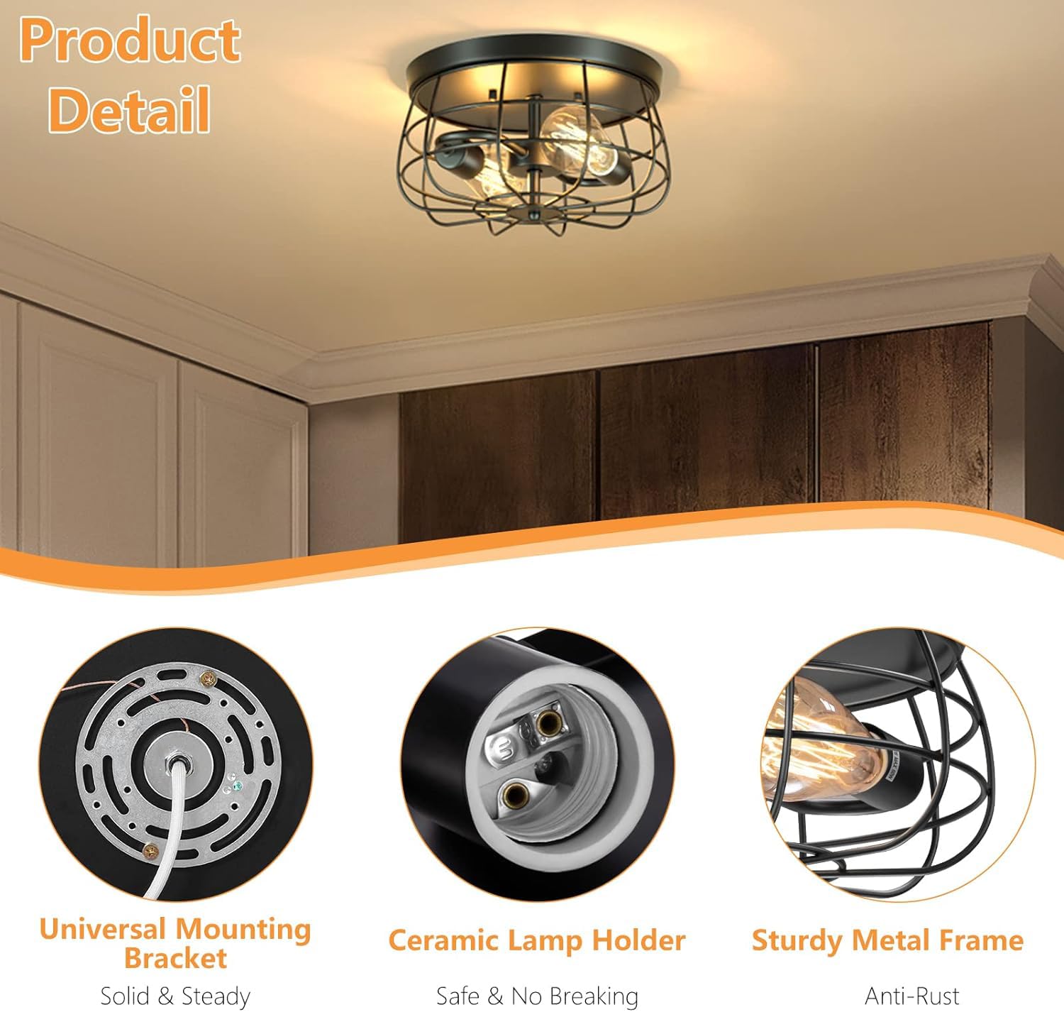 Lomoky 2-Light Industrial Ceiling Light Fixture, Vintage Black Metal, 6.3in High, Flush Mount for Living Room, Kitchen, Bedroom