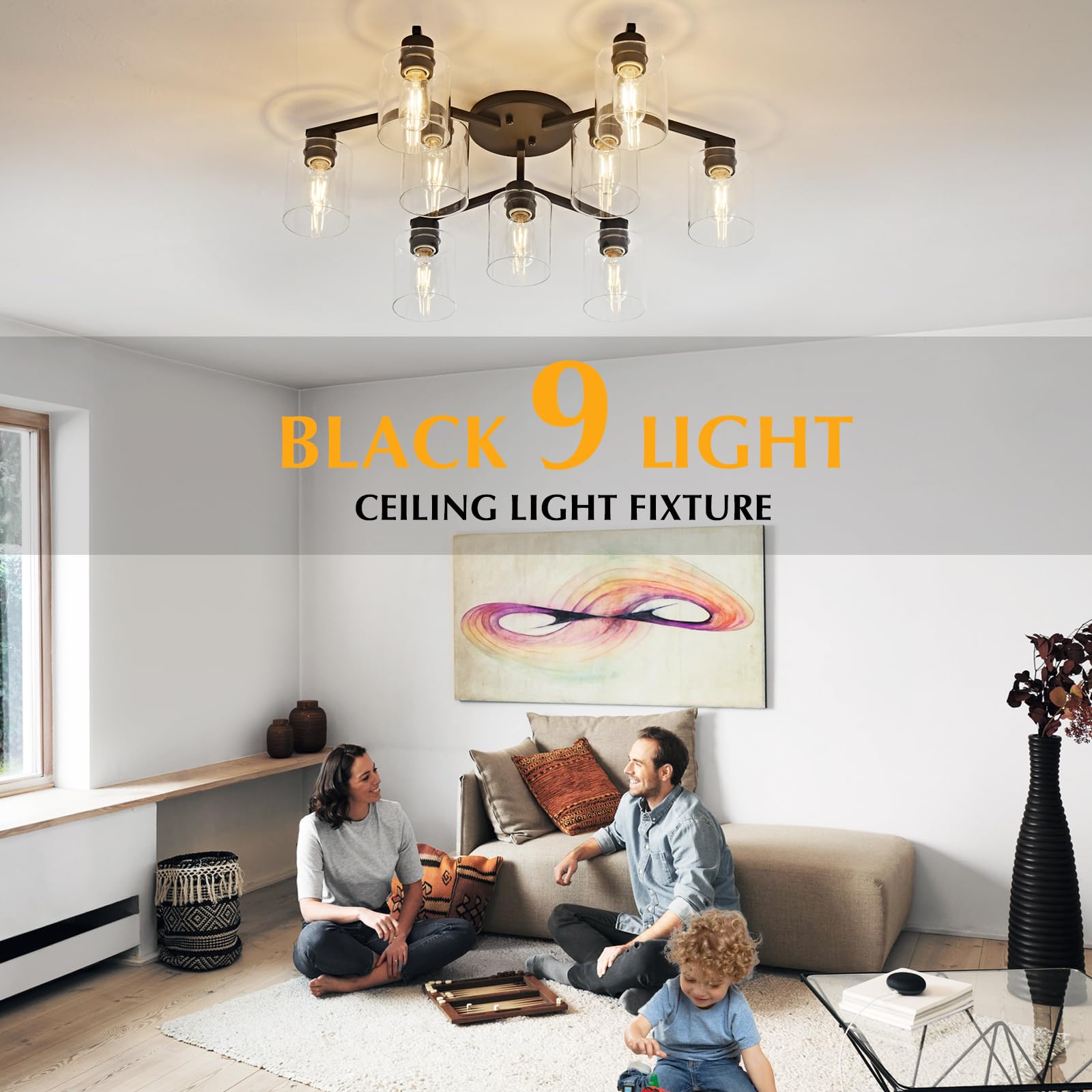 9 Light Kitchen Lighting Fixtures Ceiling Black Semi Flush Mount Ceiling Light Fixture Large Living Room Lighting Cieling Lamps For Dining Room Living Room Light Fixture With Clear Glass Shades