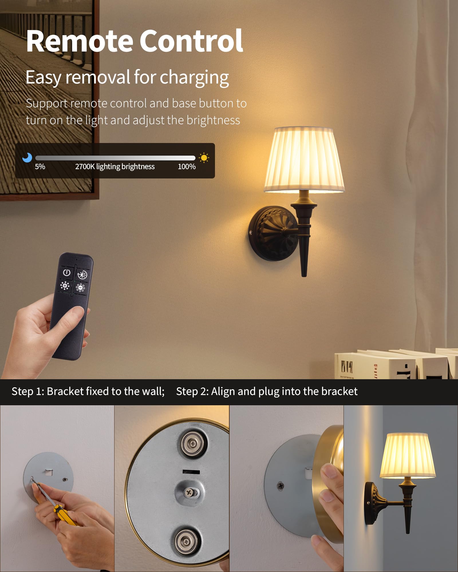 KDG Cordless Wall Sconces Set of 2, Rechargeable Fabric LED Lamps, Black + Beige, Model AMZ-TBL-035