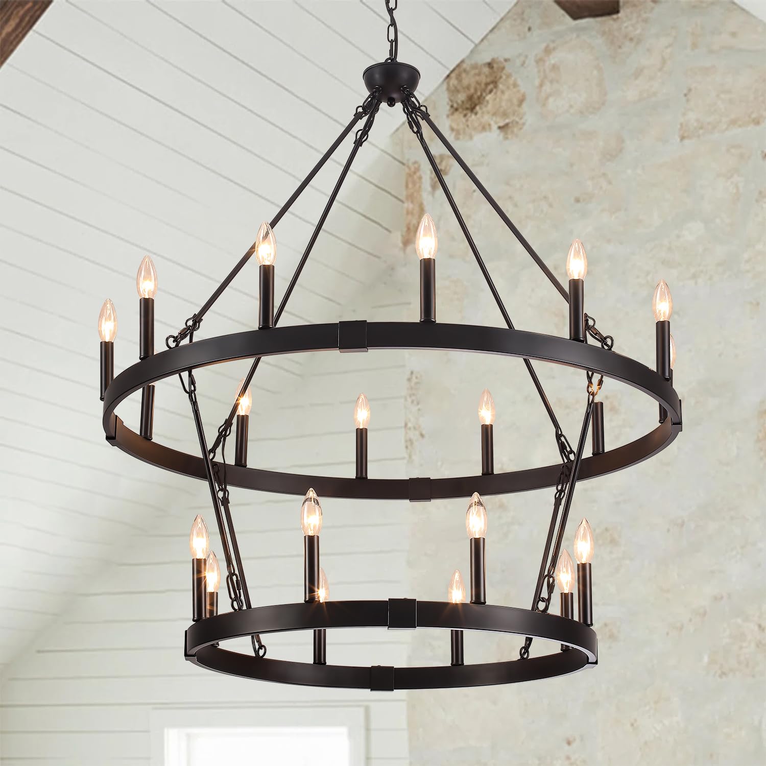 Rviezza 20-Light 2 Tier Black Wagon Wheel Chandelier, 38.19'' Large Chandeliers for High Ceilings, Farmhouse Chandeliers for Din