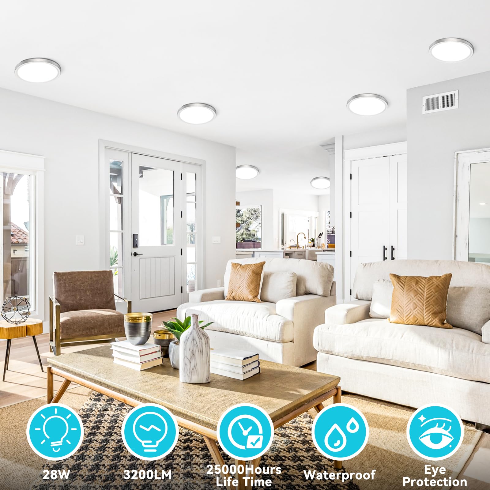 Libtit 7 Inch Nickel Brushed Flush Mount Ceiling Light, 15W, 6 Pack, 3000K/4000K/6500K Color Selectable, Ultra-Thin Round Ceilin