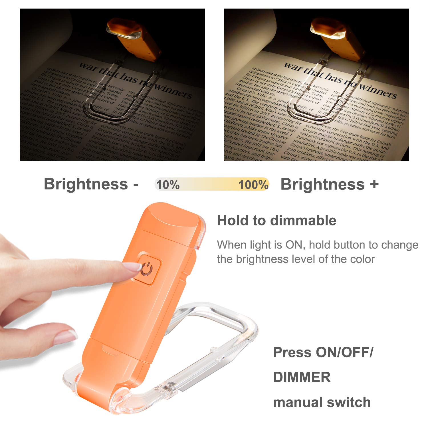 HONWELL Rechargeable Clip On LED Reading Light, 3 Brightness Levels, Portable Bookmark Lamp, Orange, Model H008YW-O