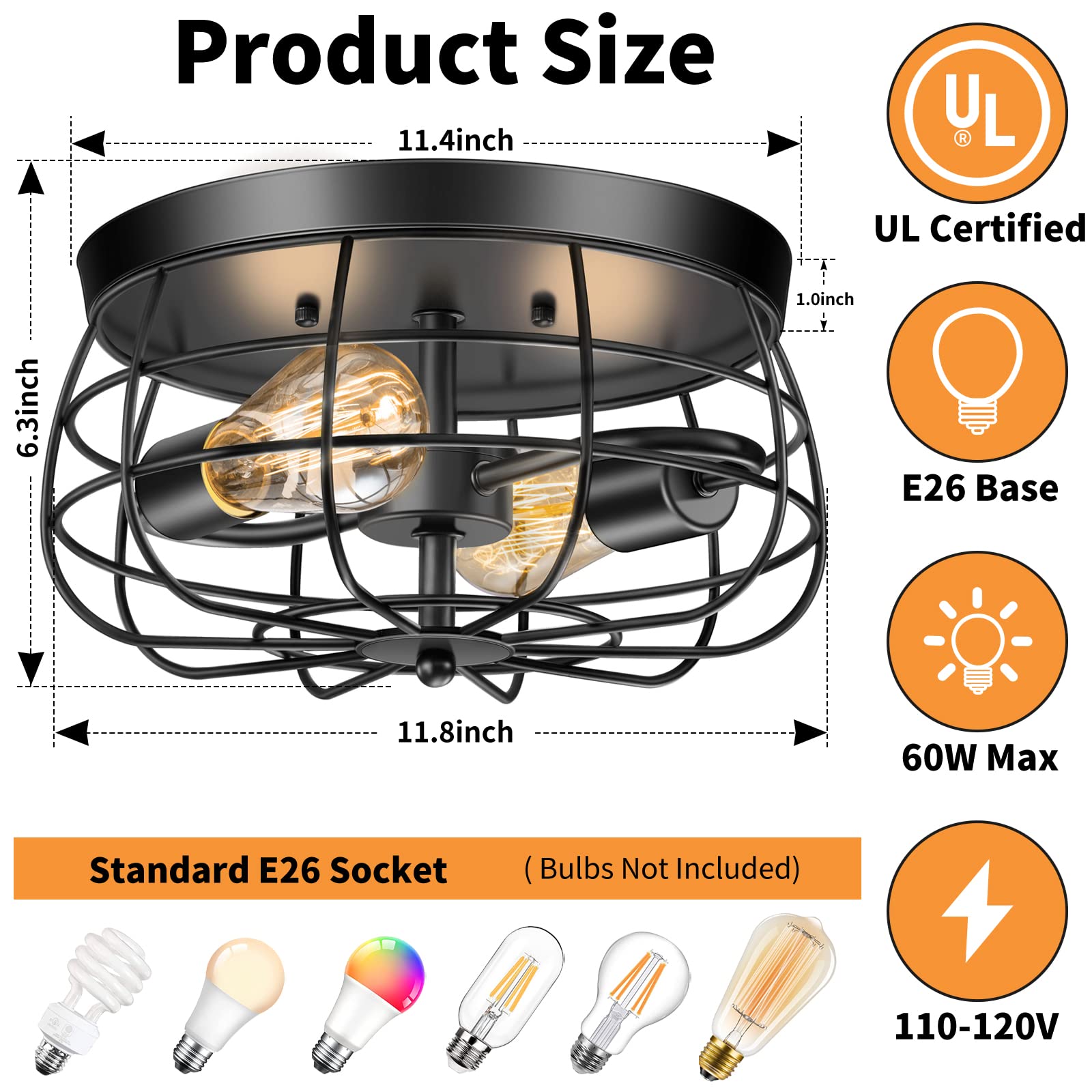 Lomoky 2-Light Industrial Ceiling Light Fixture, Vintage Black Metal, 6.3in High, Flush Mount for Living Room, Kitchen, Bedroom