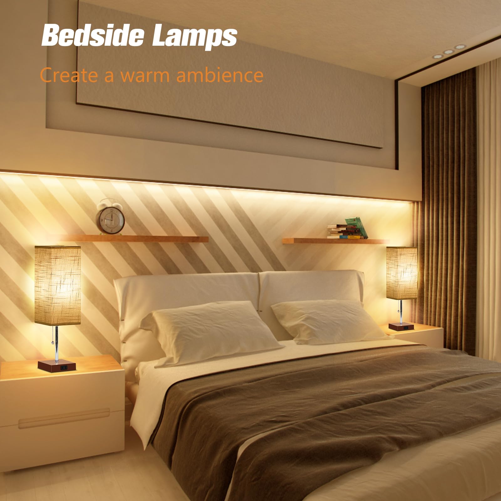 PLMMY Table Lamp Set of 2, 18 Inch Gray Shade-Brown Base, 3 Color Temperatures, AC Outlet, Model RD-PTL6W-022