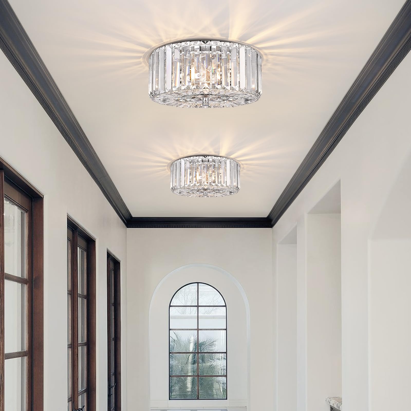 Pasentel Crystal Round Flush Mount Modern Close To Ceiling Light Fixture, Chrome Ceiling Lights 2-Light Hallway Light Fixtures C